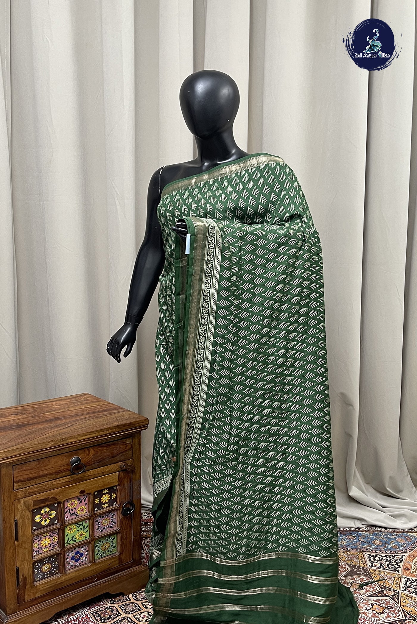 Dark Green Semi Chanderi Saree With Printed Pattern