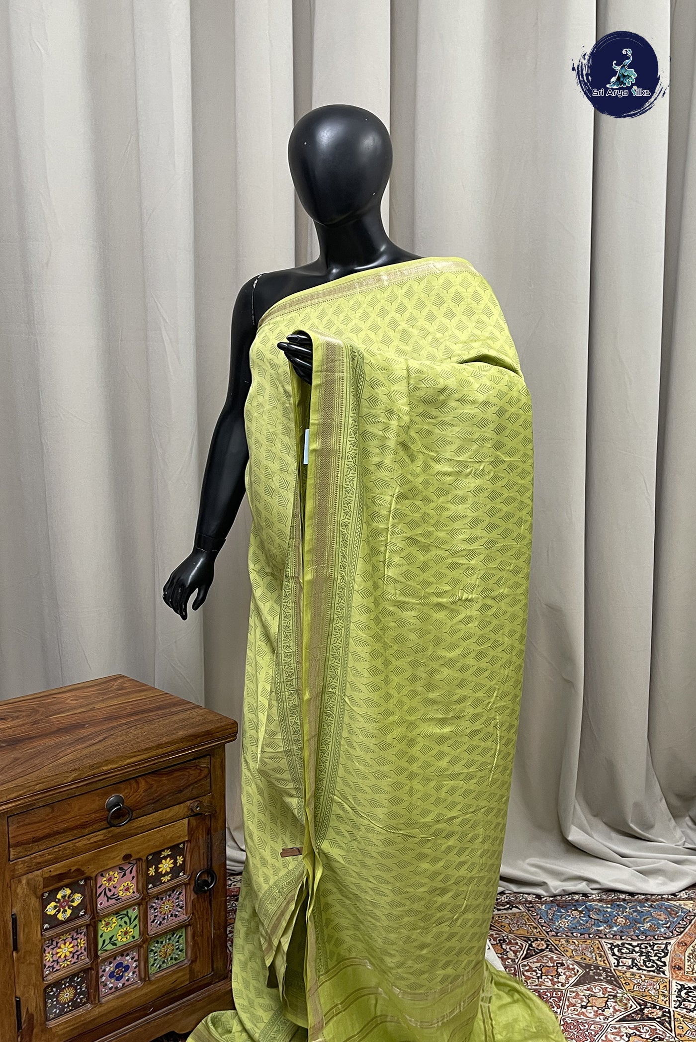 Pastel Green Semi Chanderi Saree With Printed Pattern
