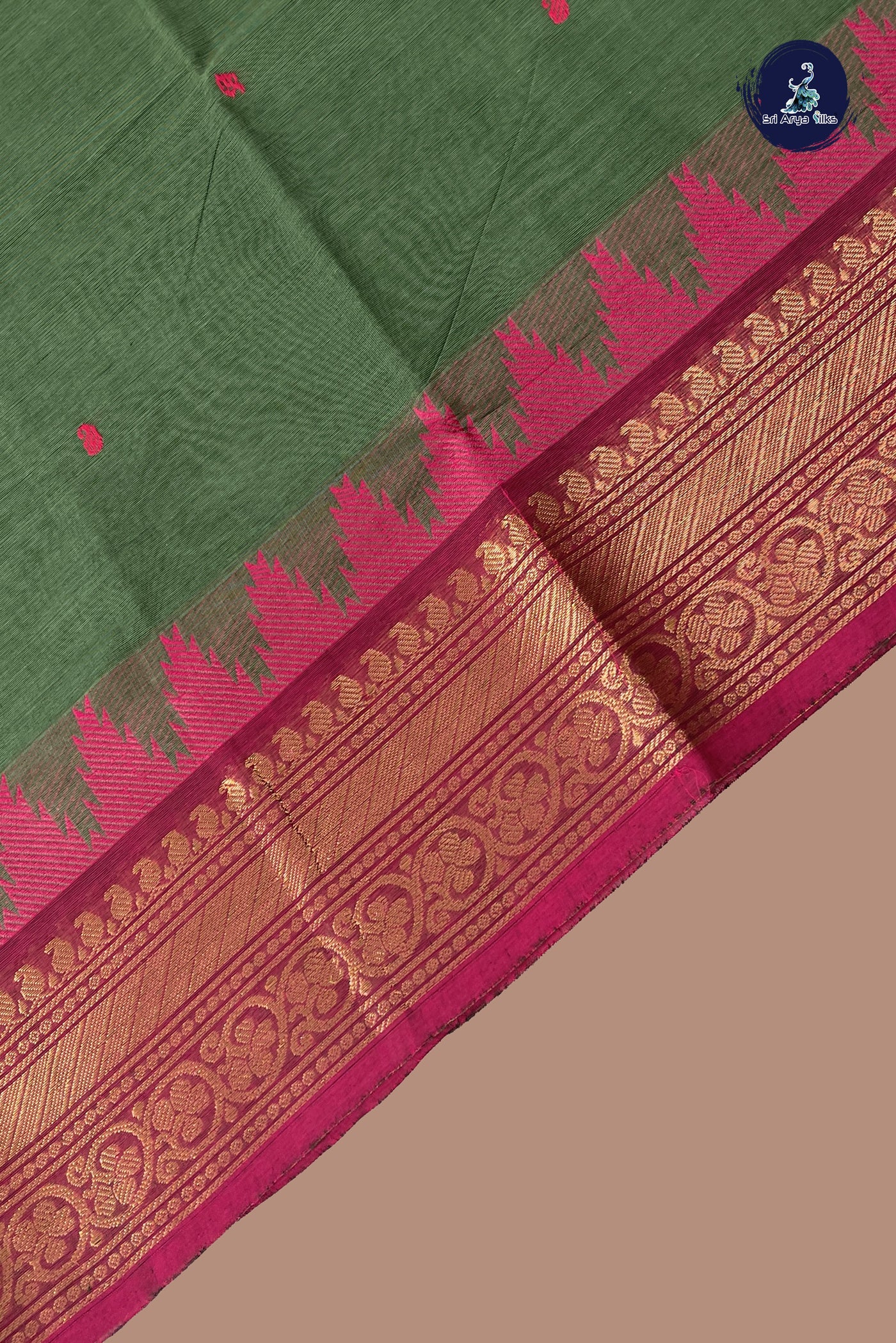 Green Chettinad Cotton Saree With Buttas Pattern