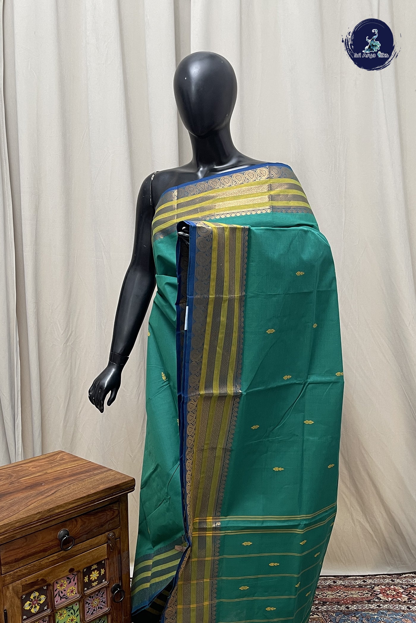 Green Chettinad Cotton Saree With Buttas Pattern