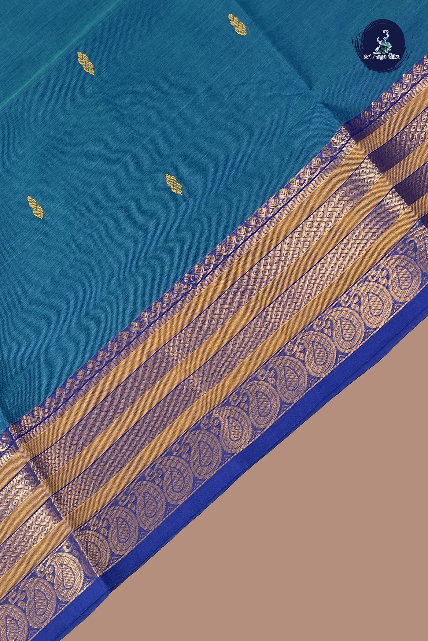 Dual Tone Blue Chettinad Cotton Saree With Buttas Pattern