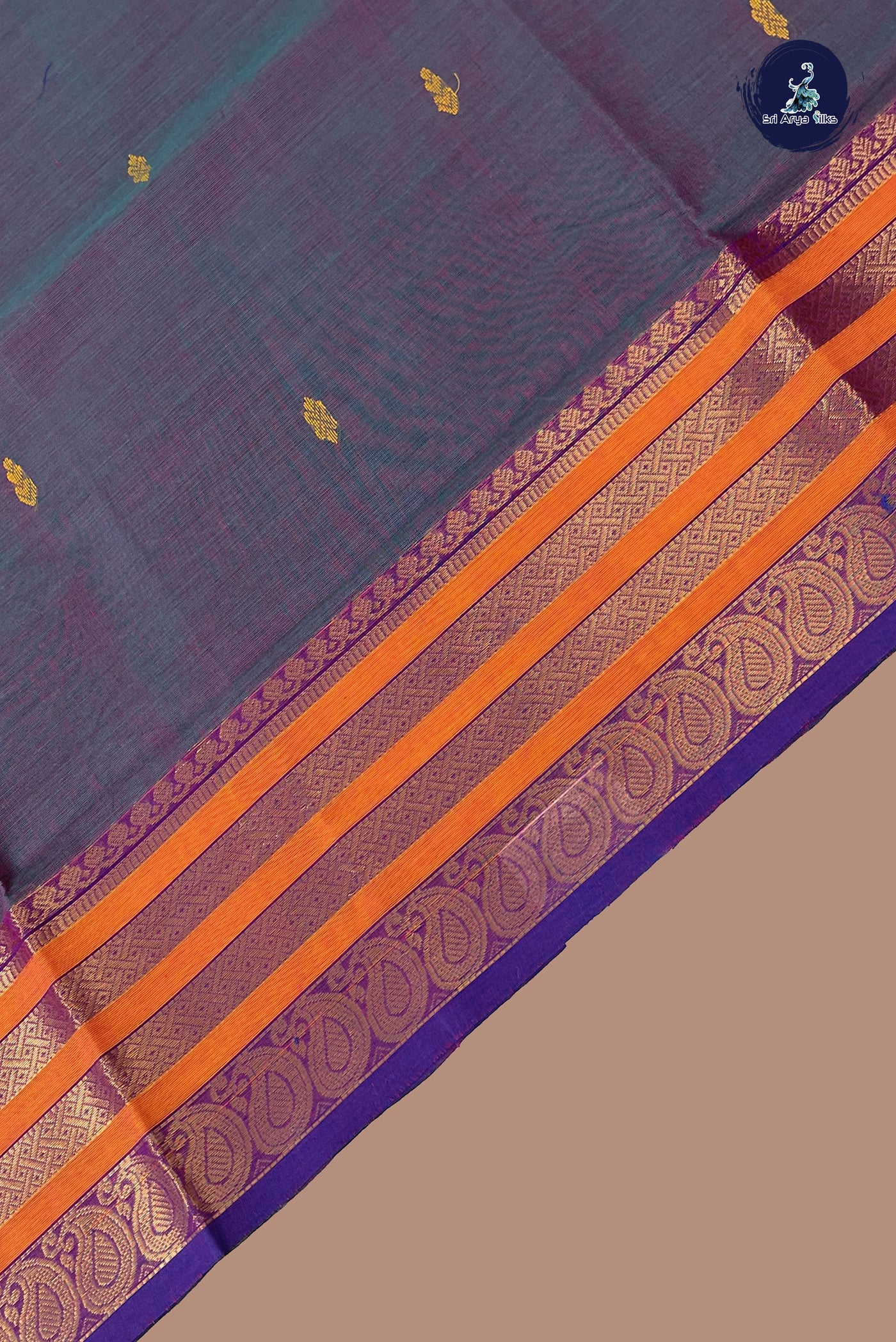 Dual Tone Grey Chettinad Cotton Saree With Buttas Pattern