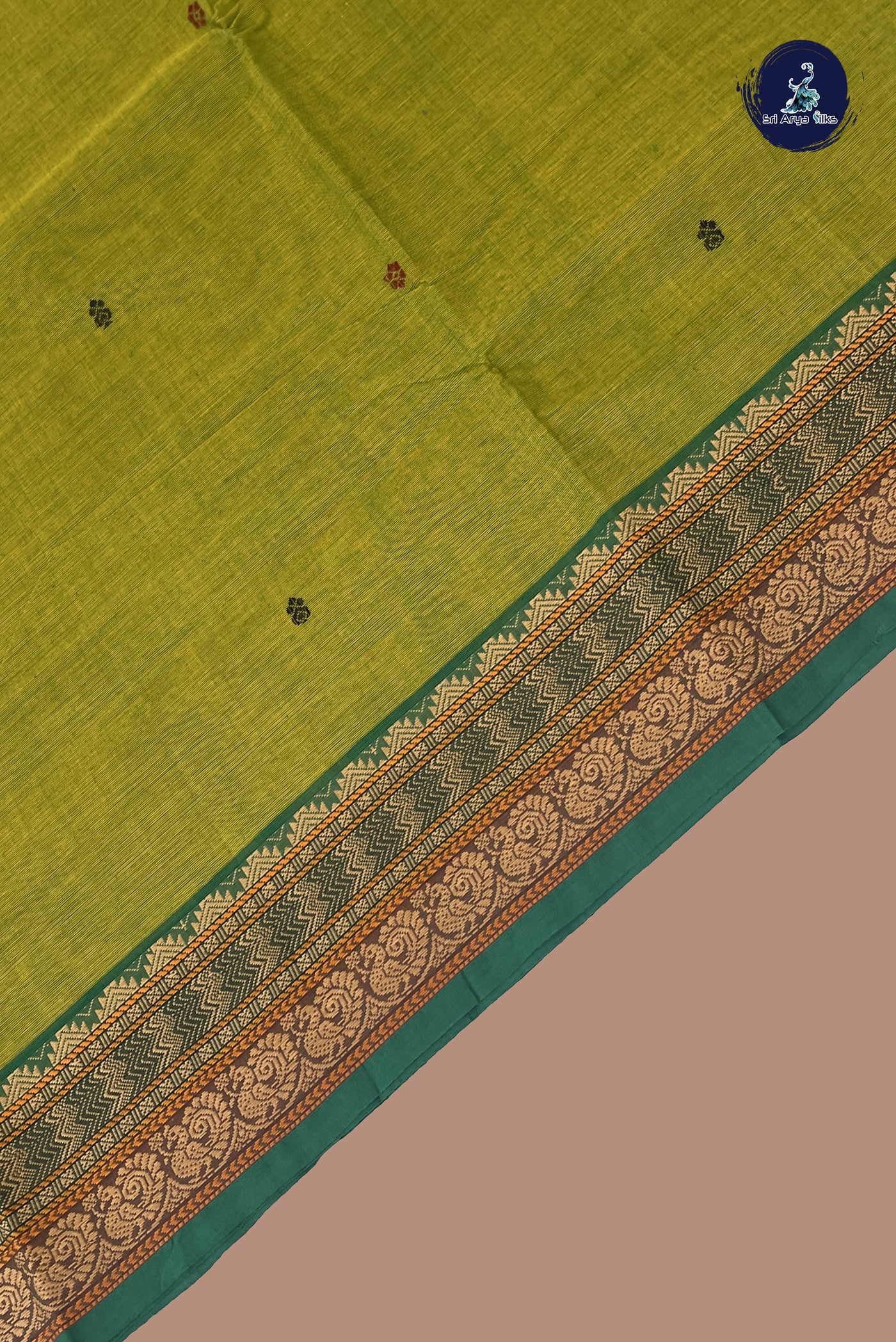 Light Green Chettinad Cotton Saree With Buttas Pattern