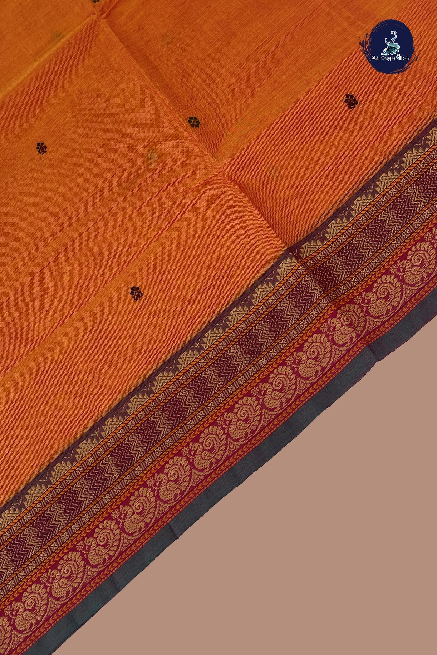 Pinkish Orange Chettinad Cotton Saree With Buttas Pattern