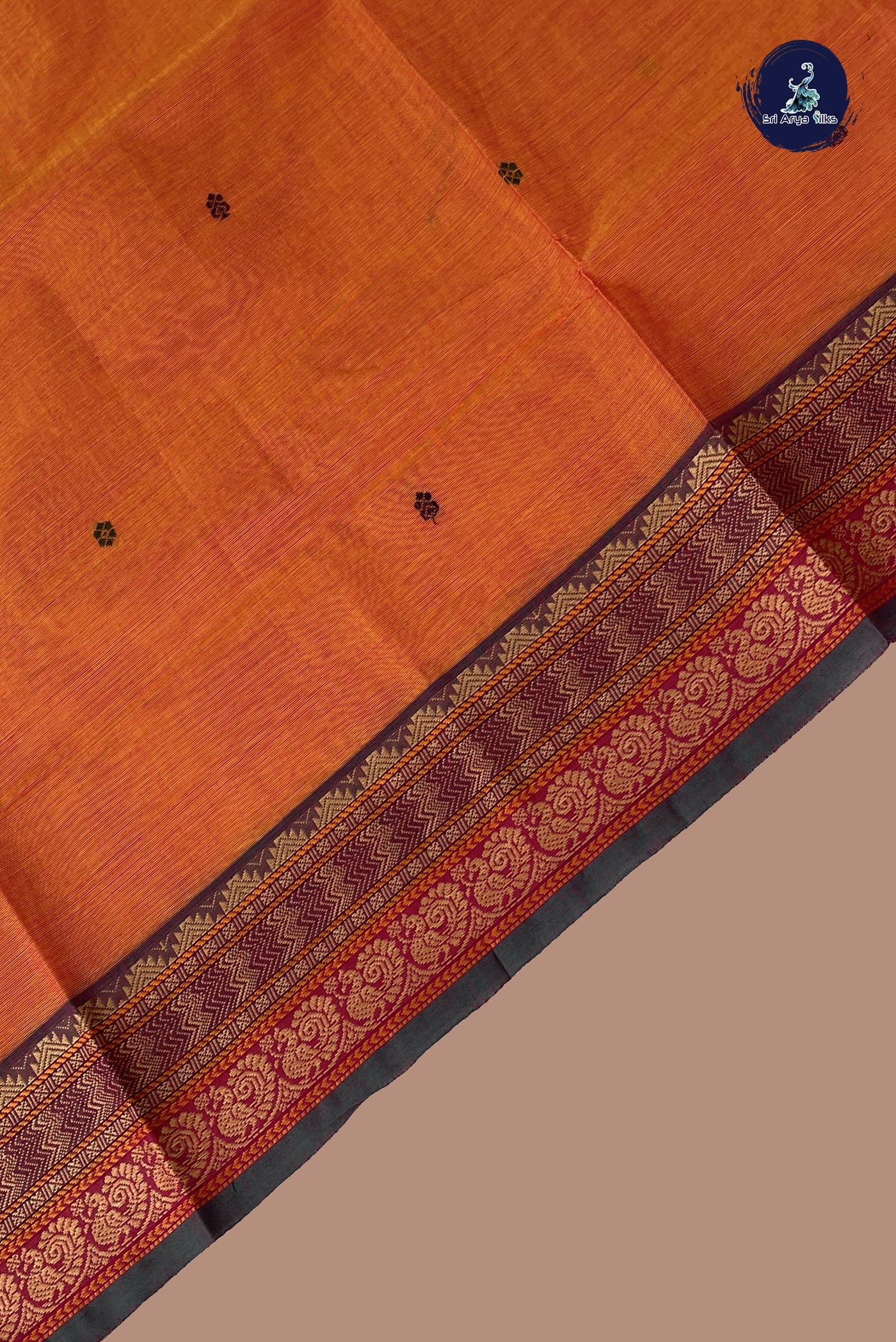 Pinkish Orange Chettinad Cotton Saree With Buttas Pattern