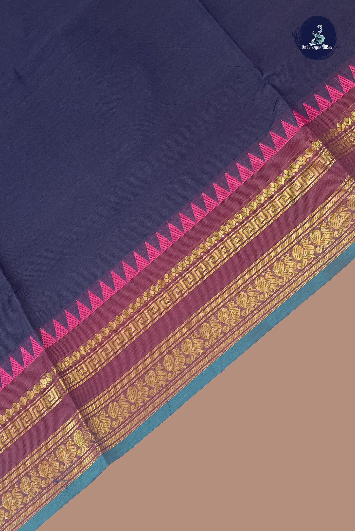 Navy Blue Chettinad Cotton Saree With Plain Pattern