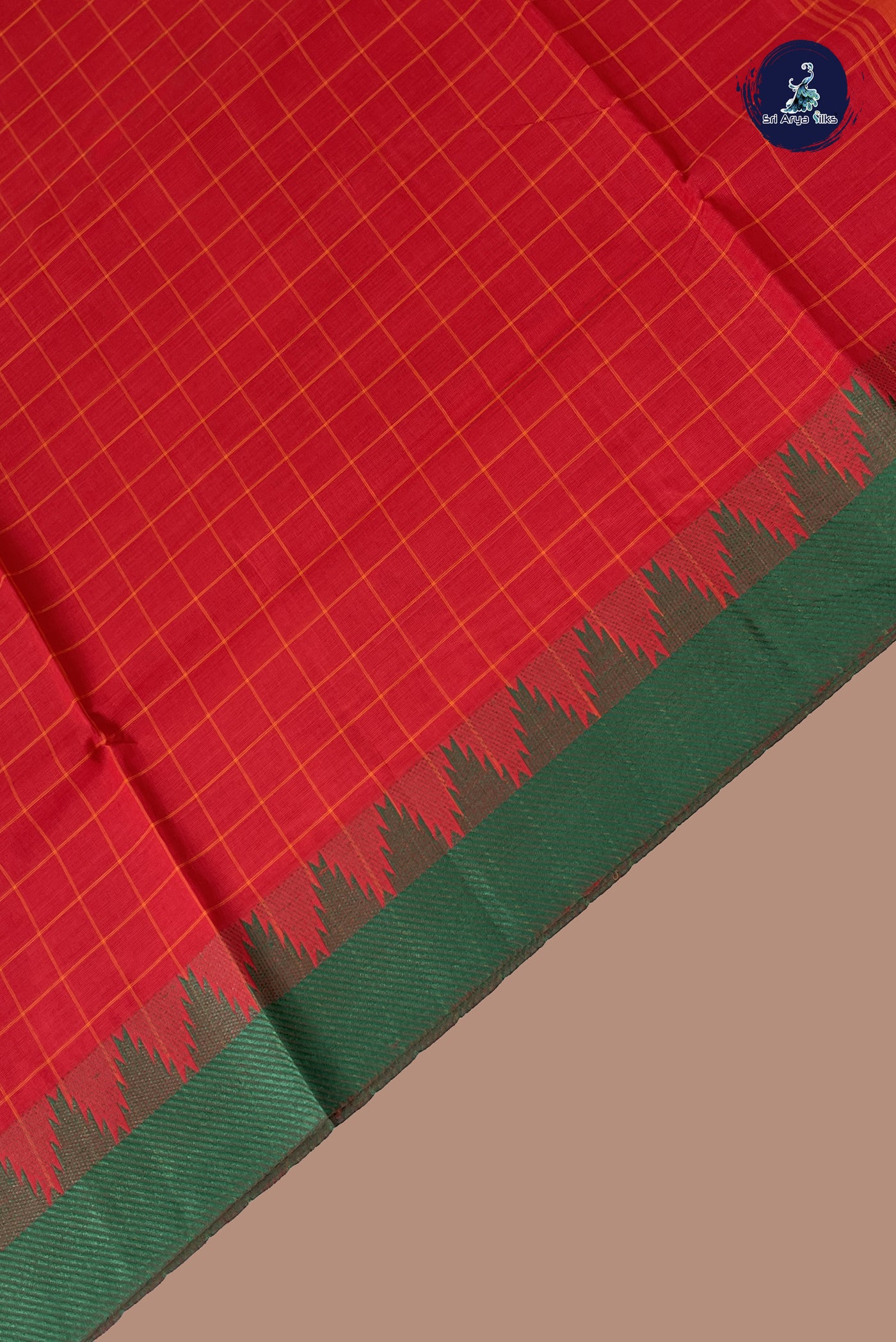 Red Chettinad Cotton Saree With Checked Pattern