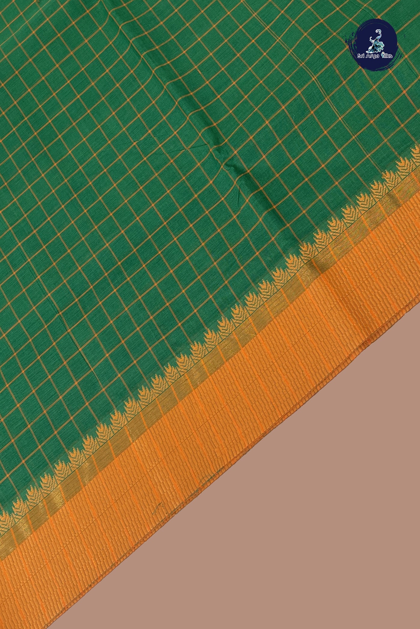 Dark Green Chettinad Cotton Saree With Checked Pattern