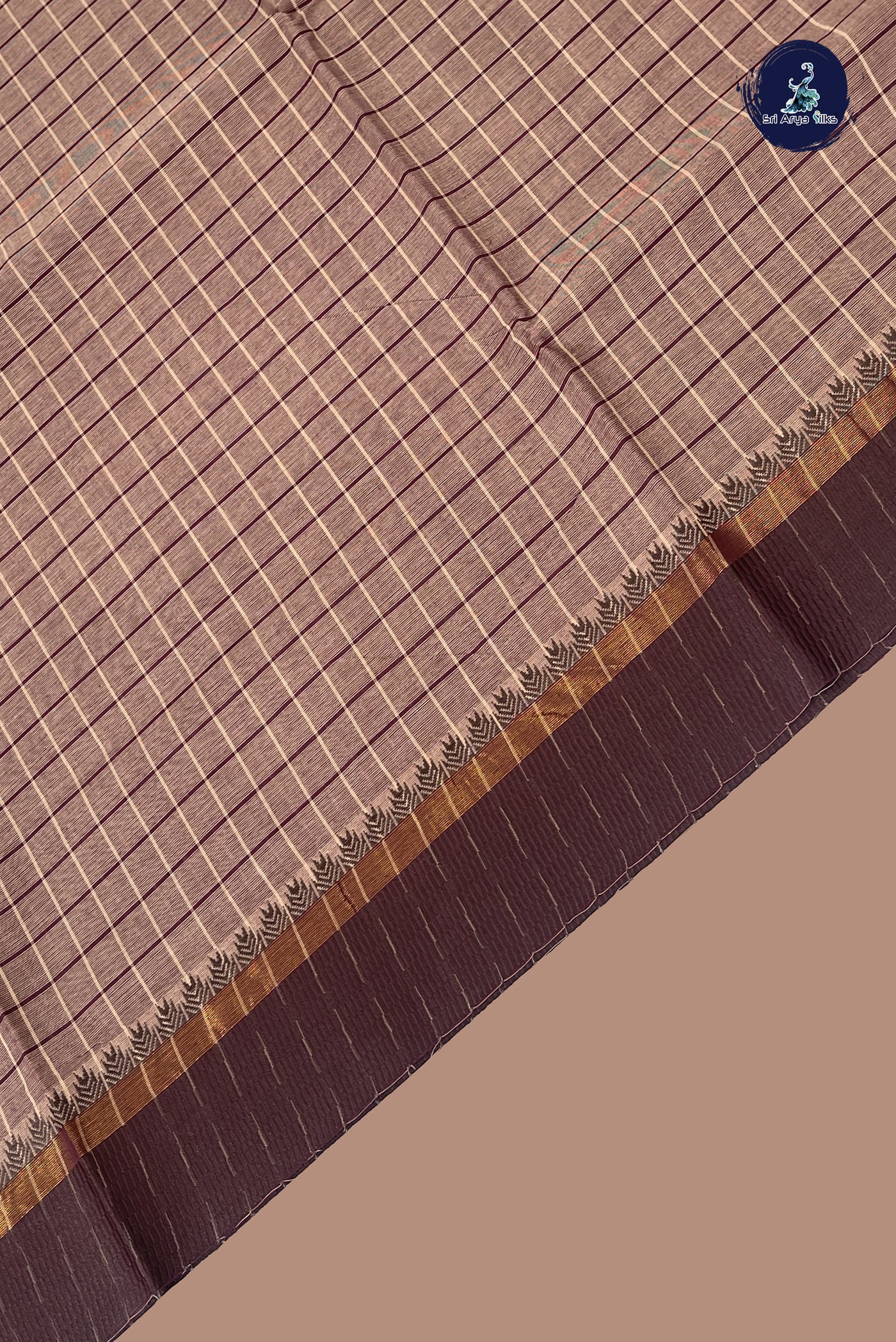 Chocolate Shade Chettinad Cotton Saree With Checked Pattern
