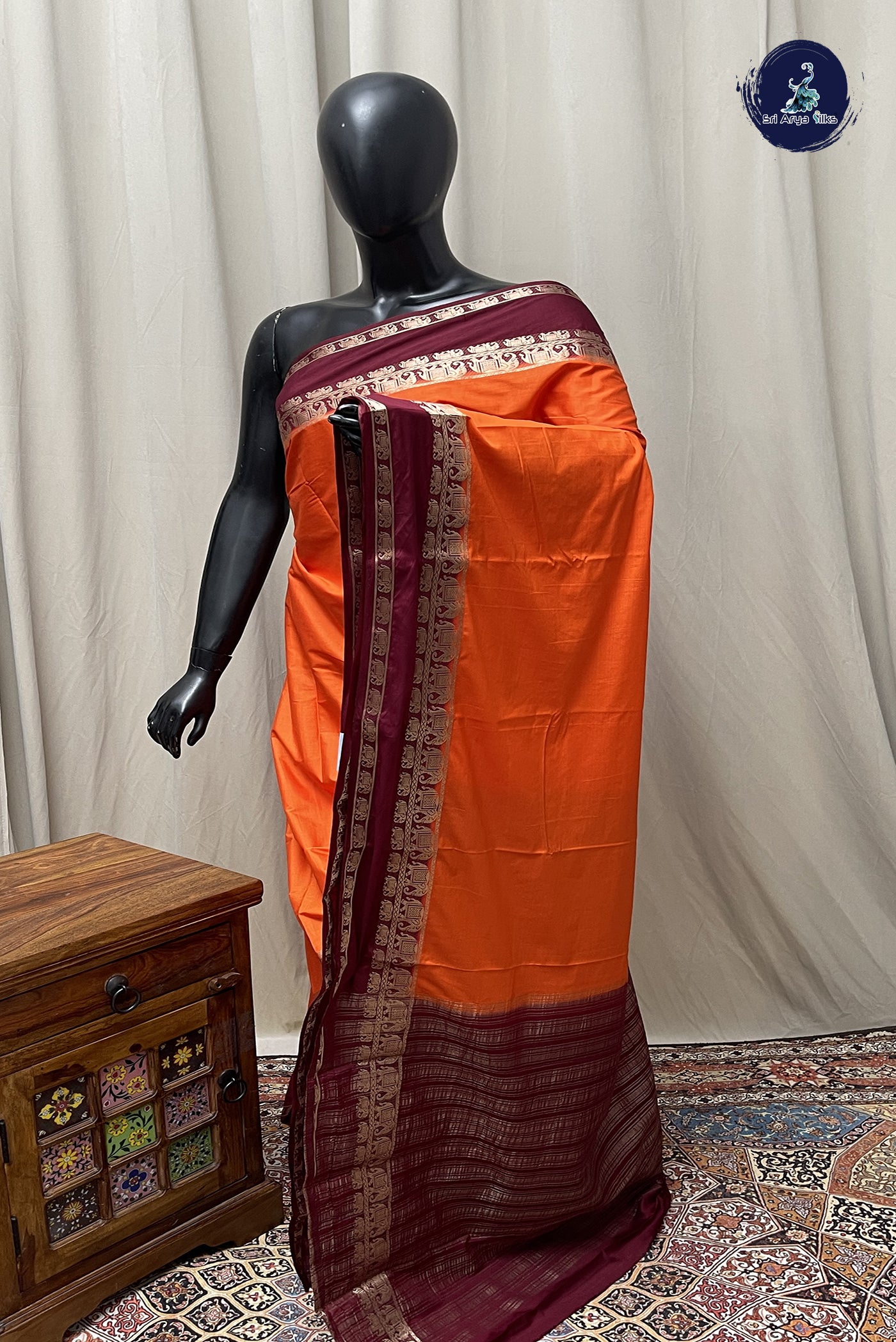 Orange Semi Mysore Silk With Plain Pattern