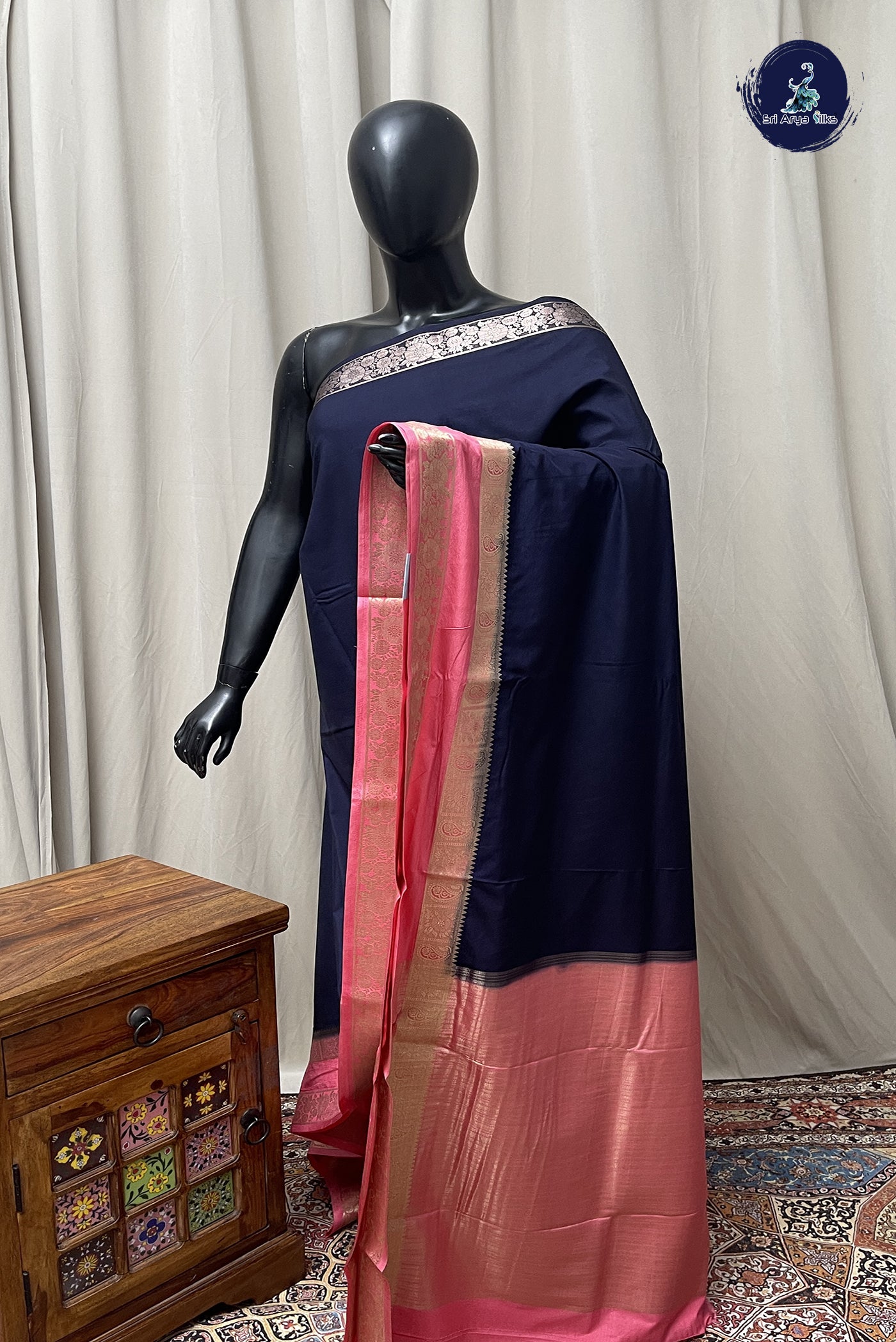 Navy Blue Semi Mysore Silk With Plain Pattern