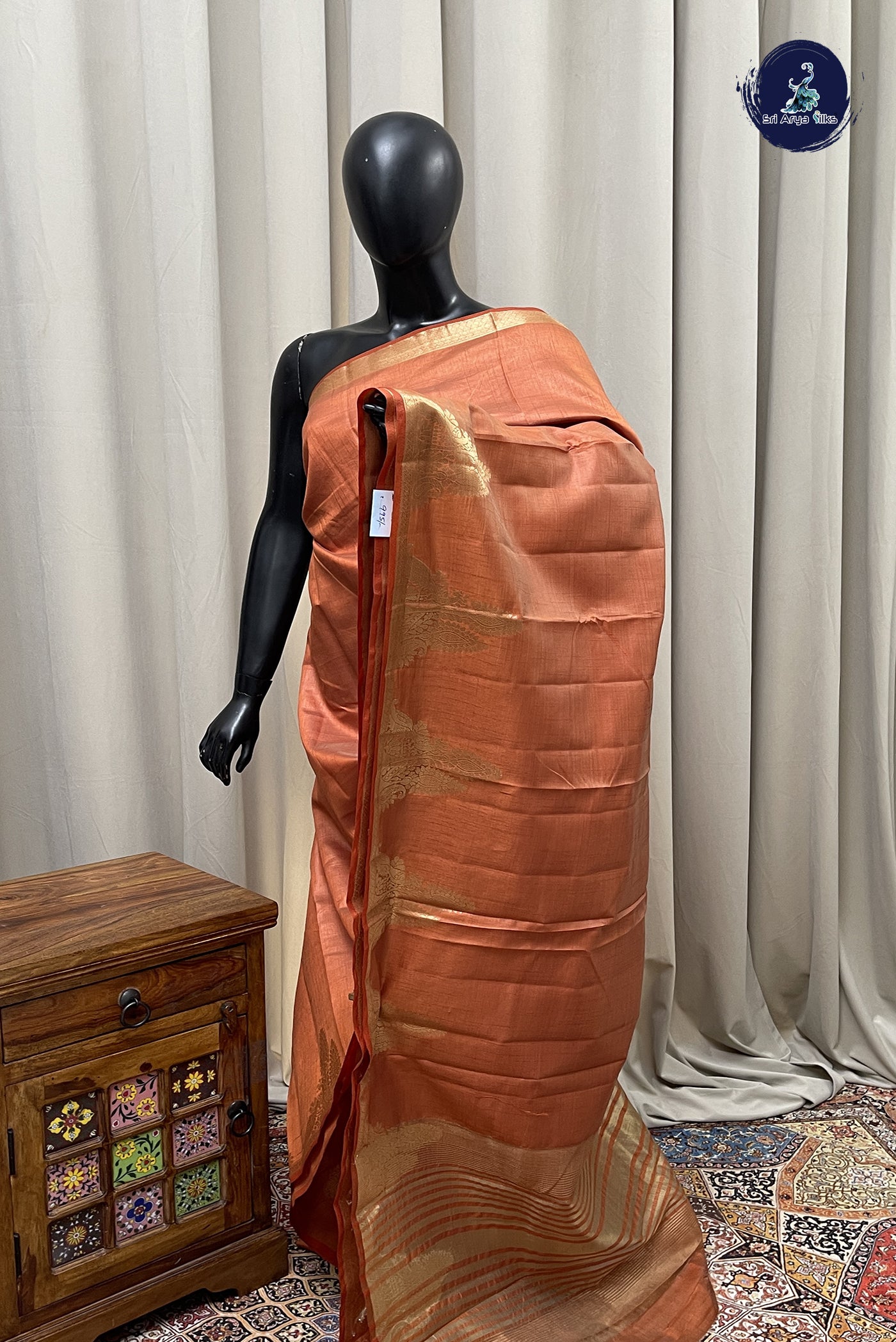 Orange Semi Tussar Saree With Plain Pattern