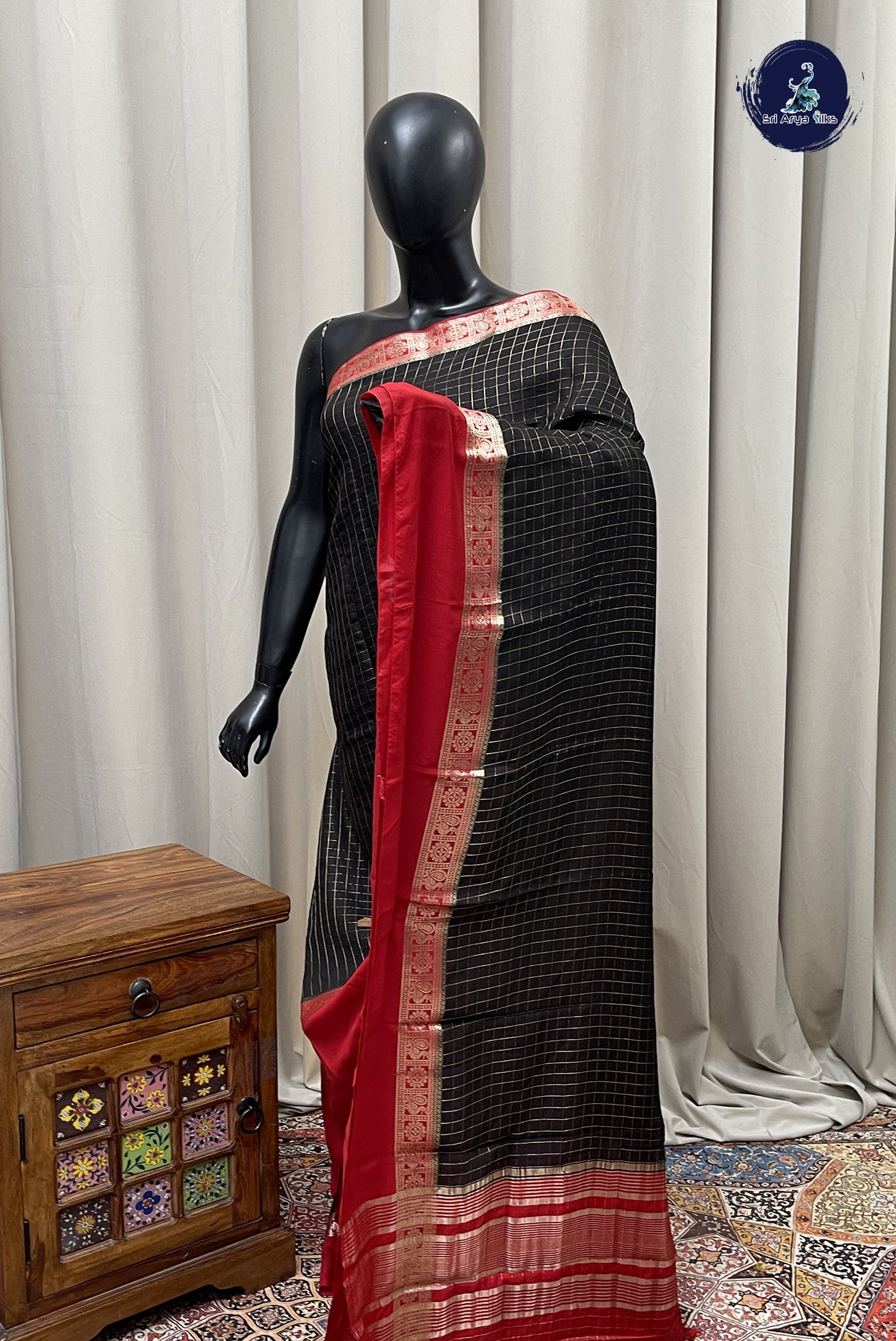 Black Semi Mysore Silk With Zari Checked Pattern