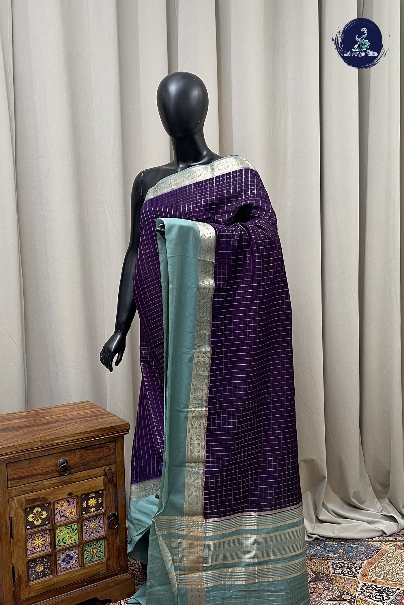 Jamun Semi Mysore Silk With Zari Checked Pattern
