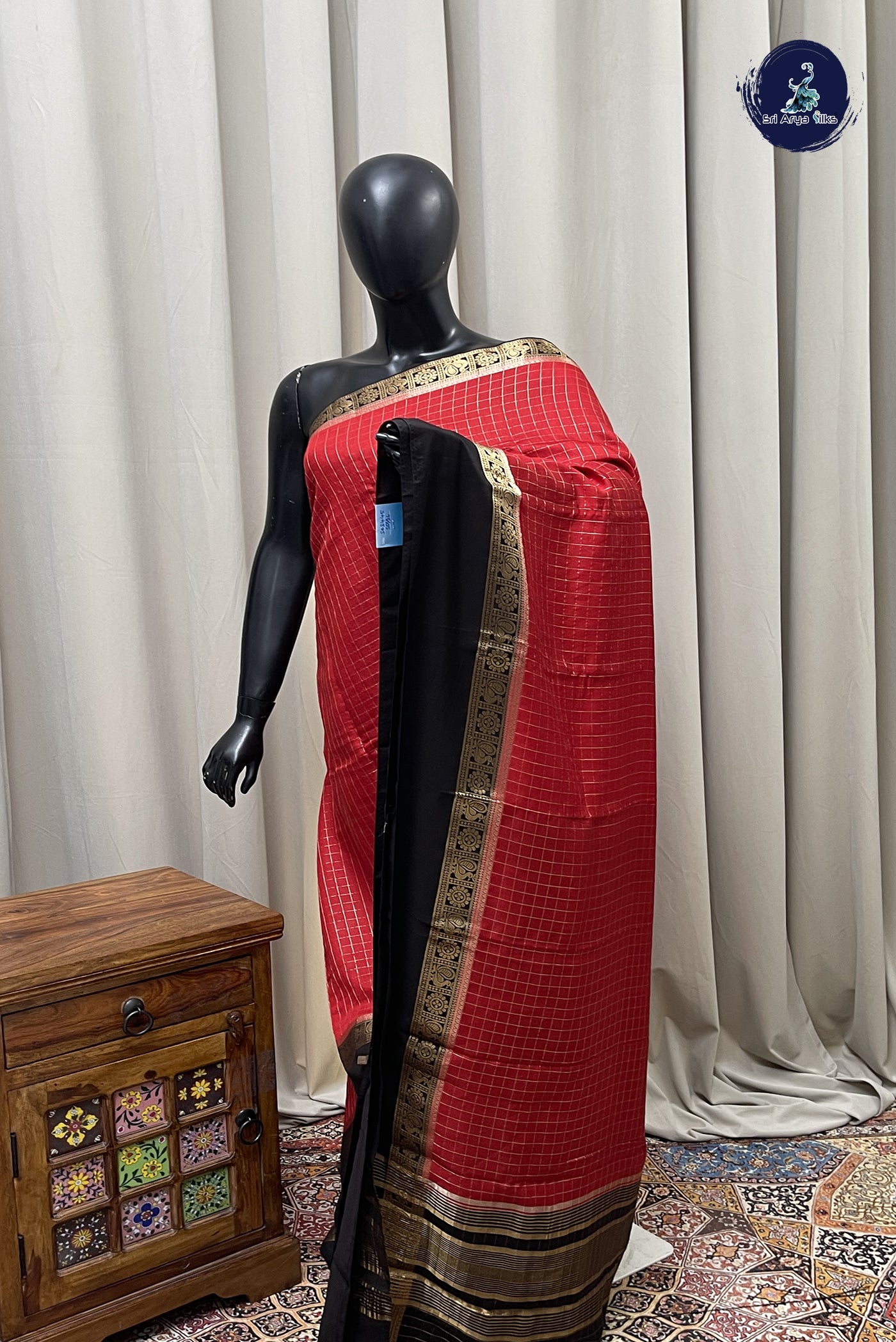 Red Semi Mysore Silk With Zari Checked Pattern