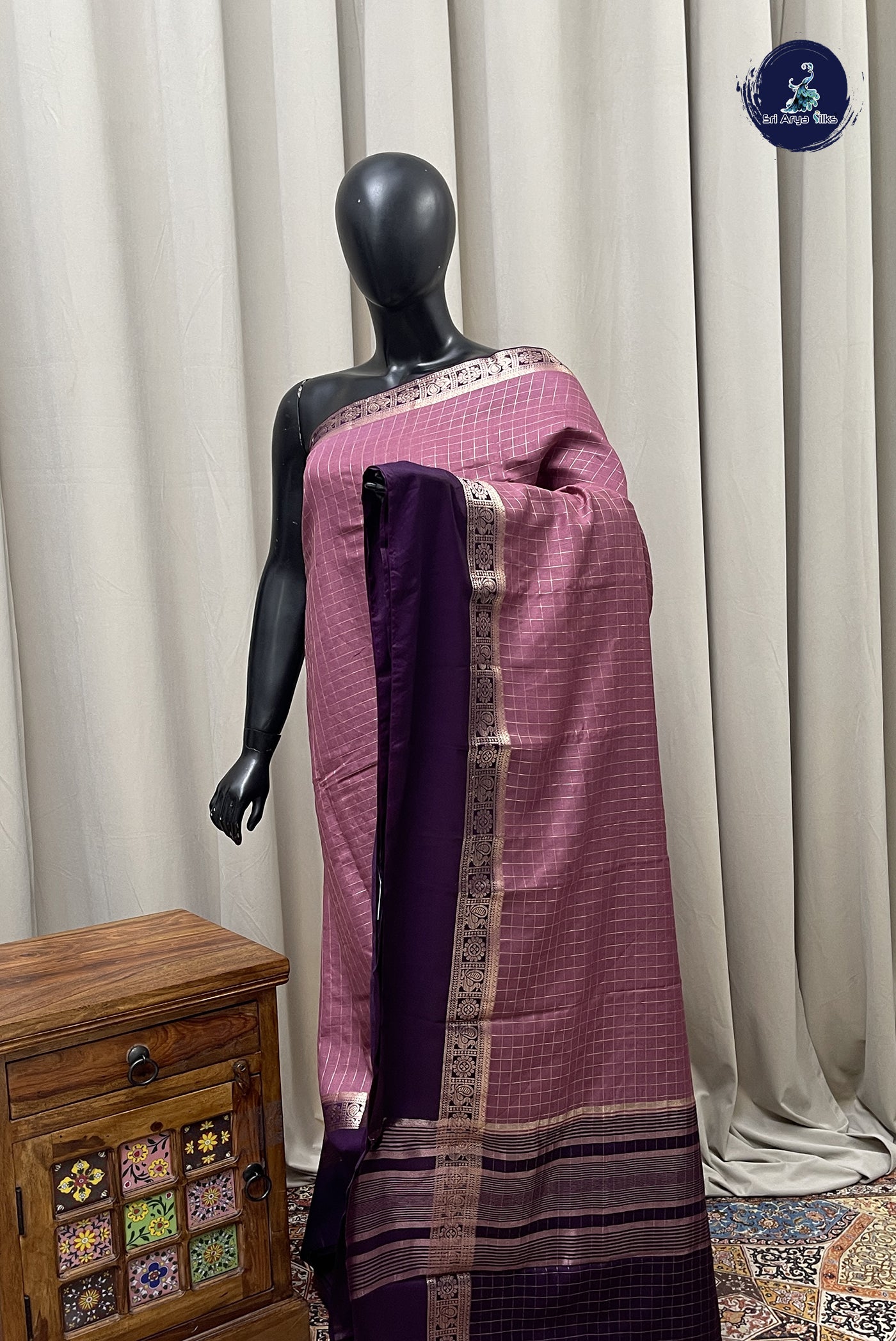 Mauve Pink Semi Mysore Silk With Zari Checked Pattern