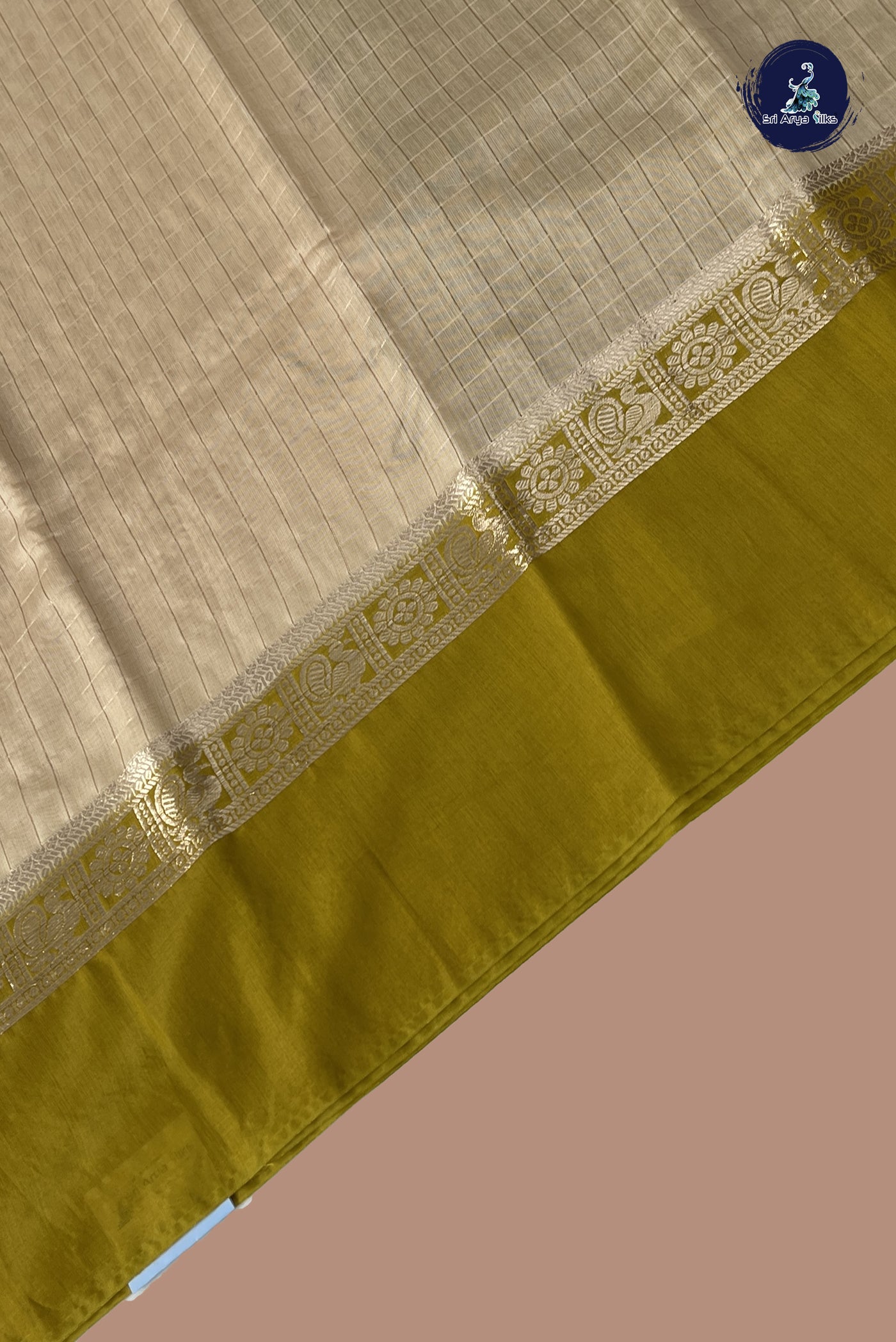 Fawn Semi Mysore Silk With Zari Checked Pattern
