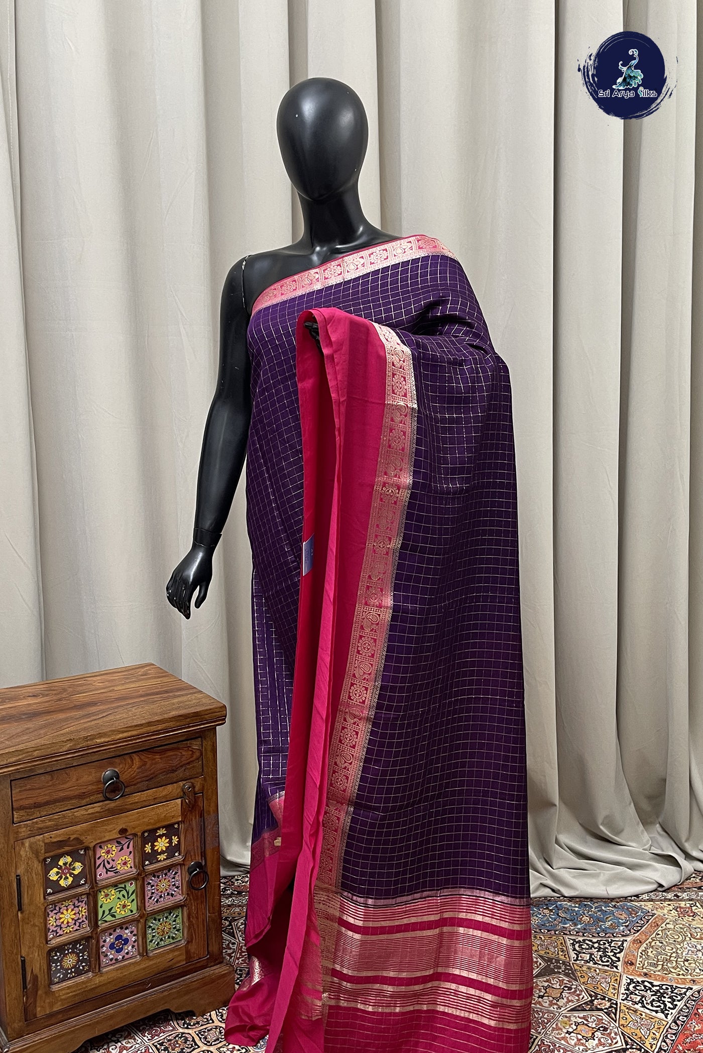 Jamun Semi Mysore Silk With Zari Checked Pattern