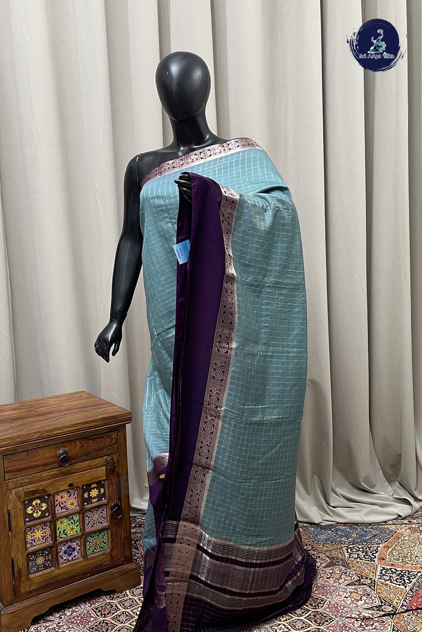 Bluish Grey Semi Mysore Silk With Zari Checked Pattern