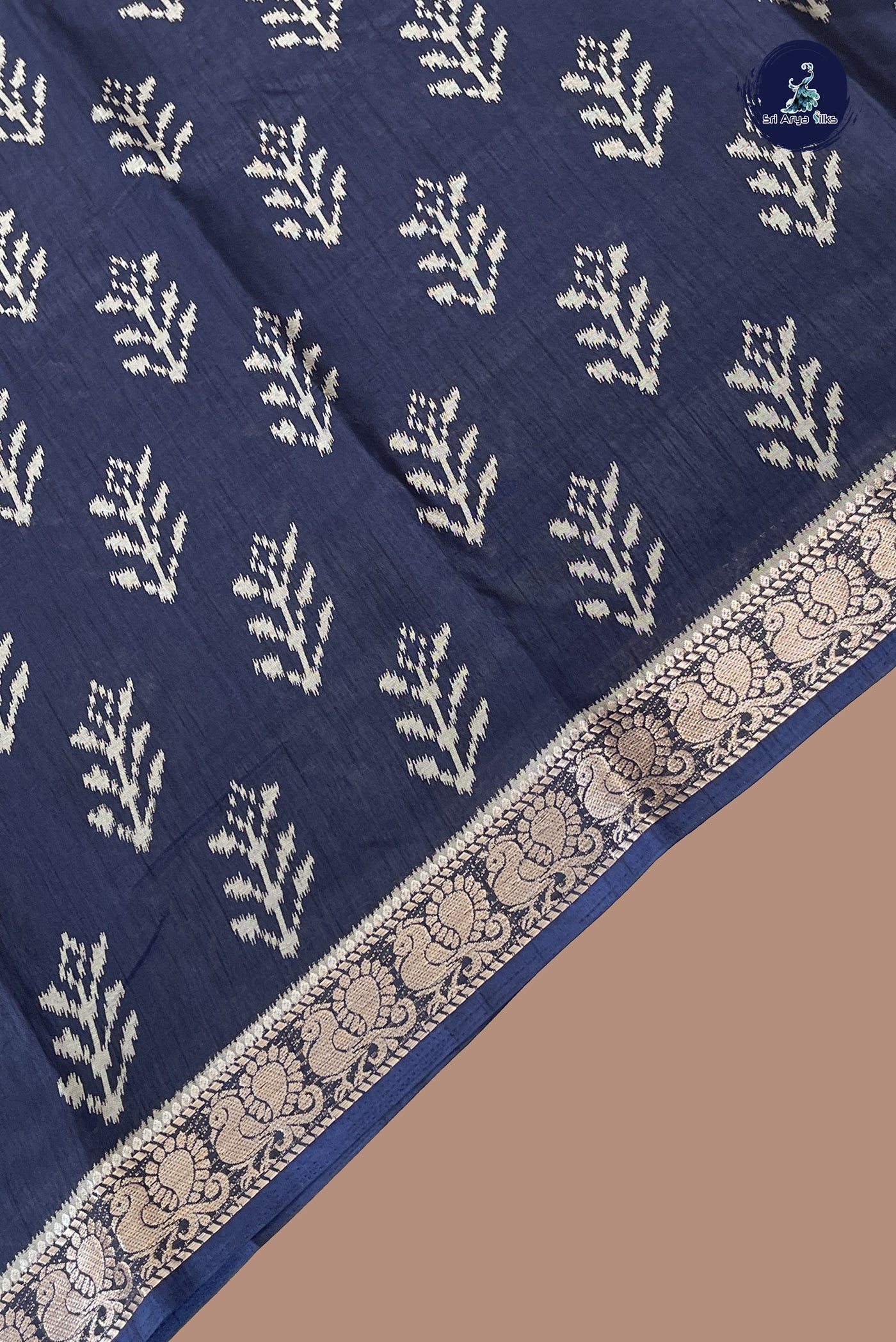 Navy Blue Semi Crepe Silk Saree With Floral Print Pattern