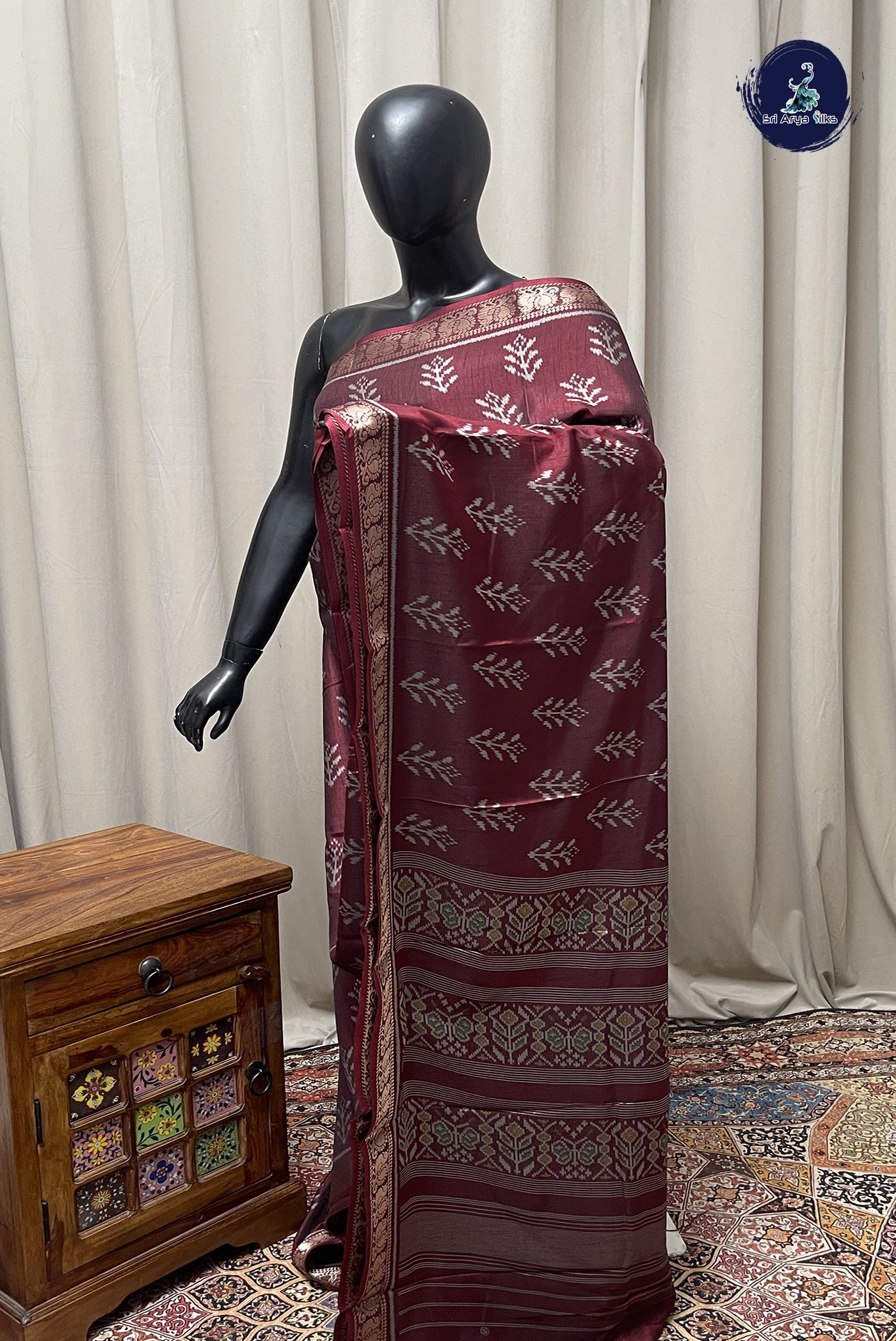 Burgundy Semi Crepe Silk Saree With Floral Print Pattern