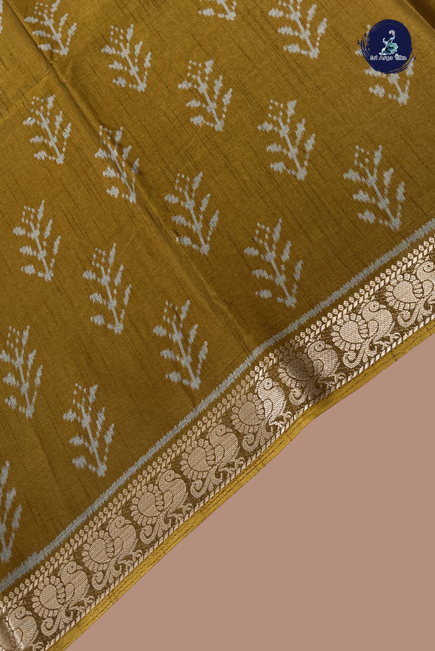 Mustard Yellow Semi Crepe Silk Saree With Floral Print Pattern