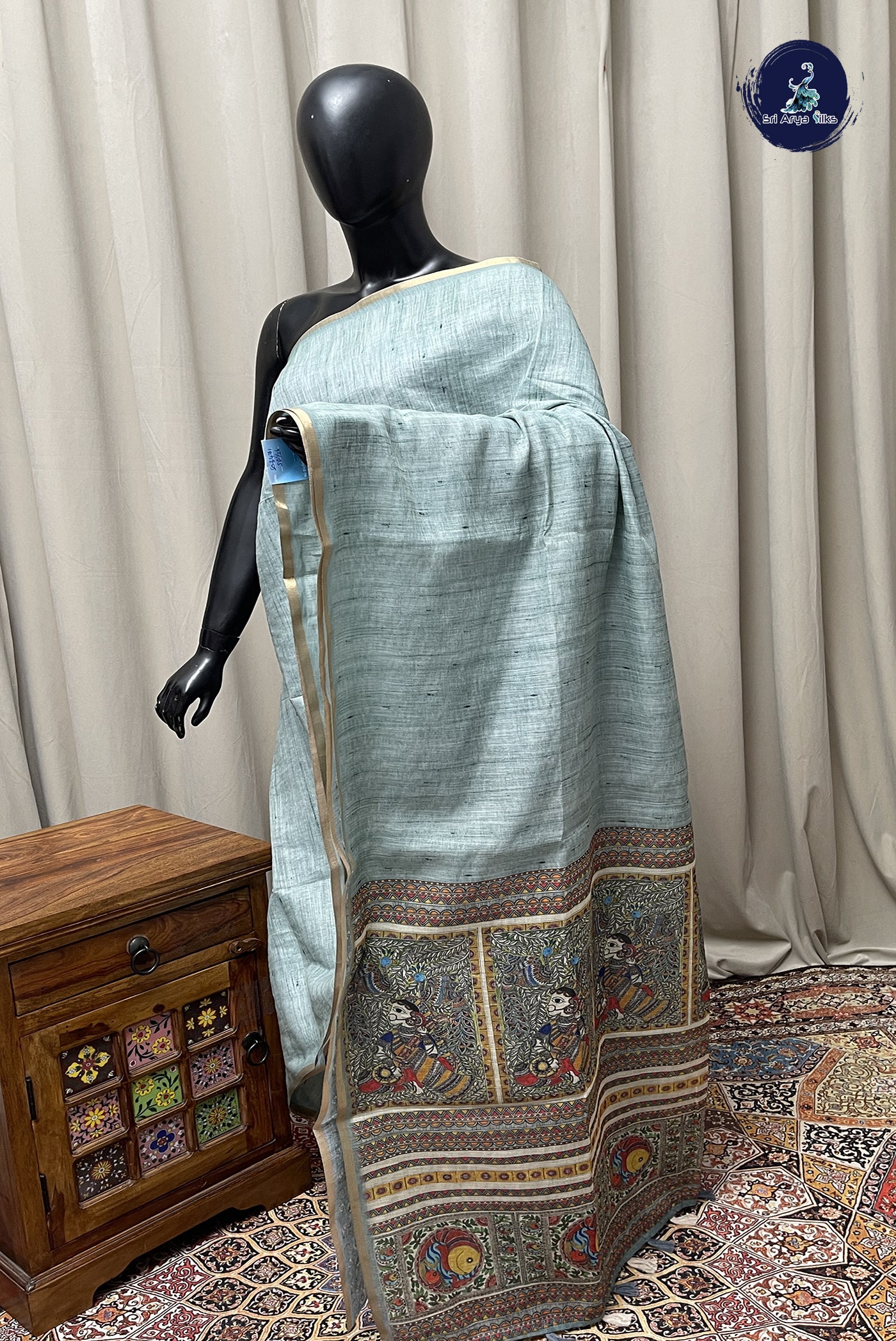 Emerald Green Linen Saree With Madhubani Pattern