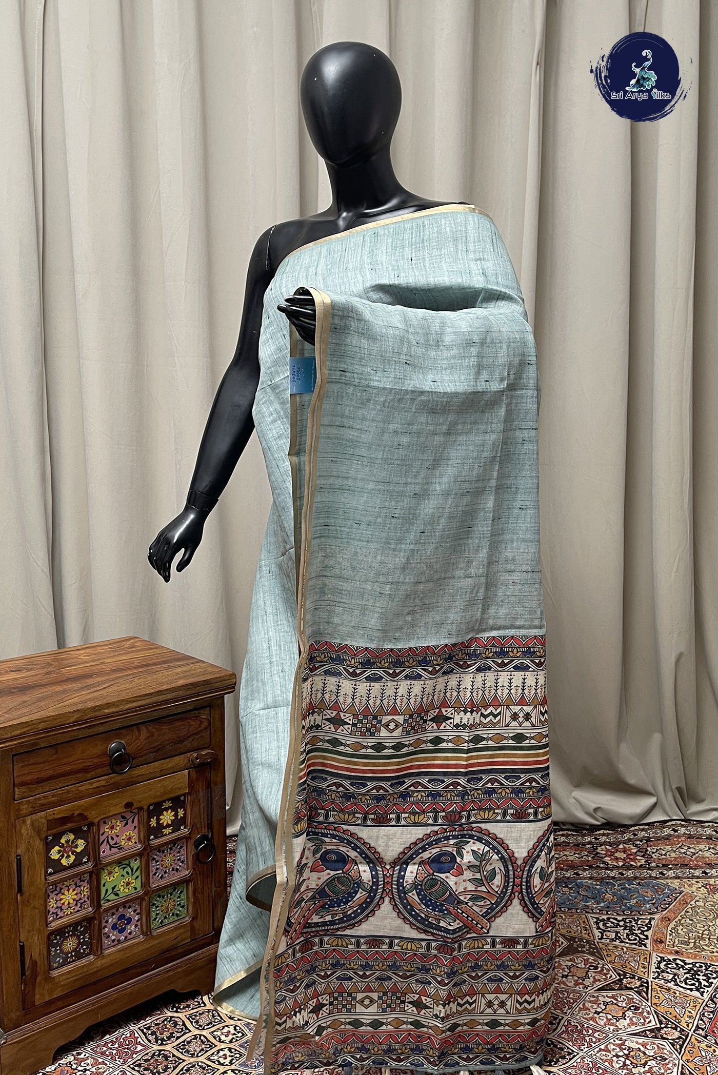 Emerald Green Linen Saree With Madhubani Pattern
