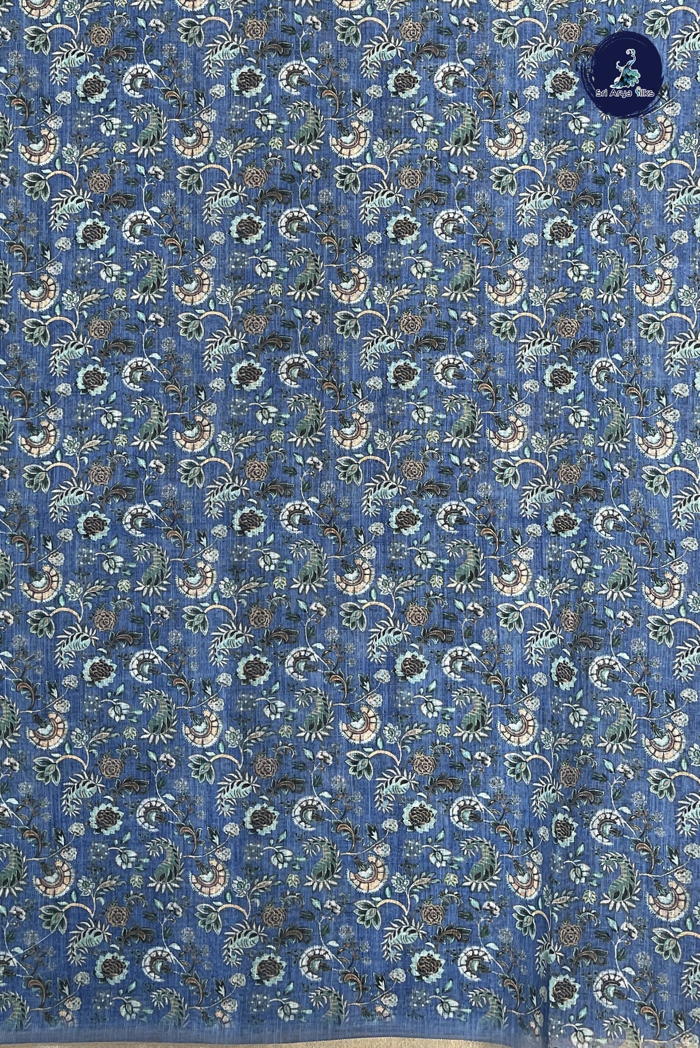 Blue Linen Saree With Madhubani Pattern