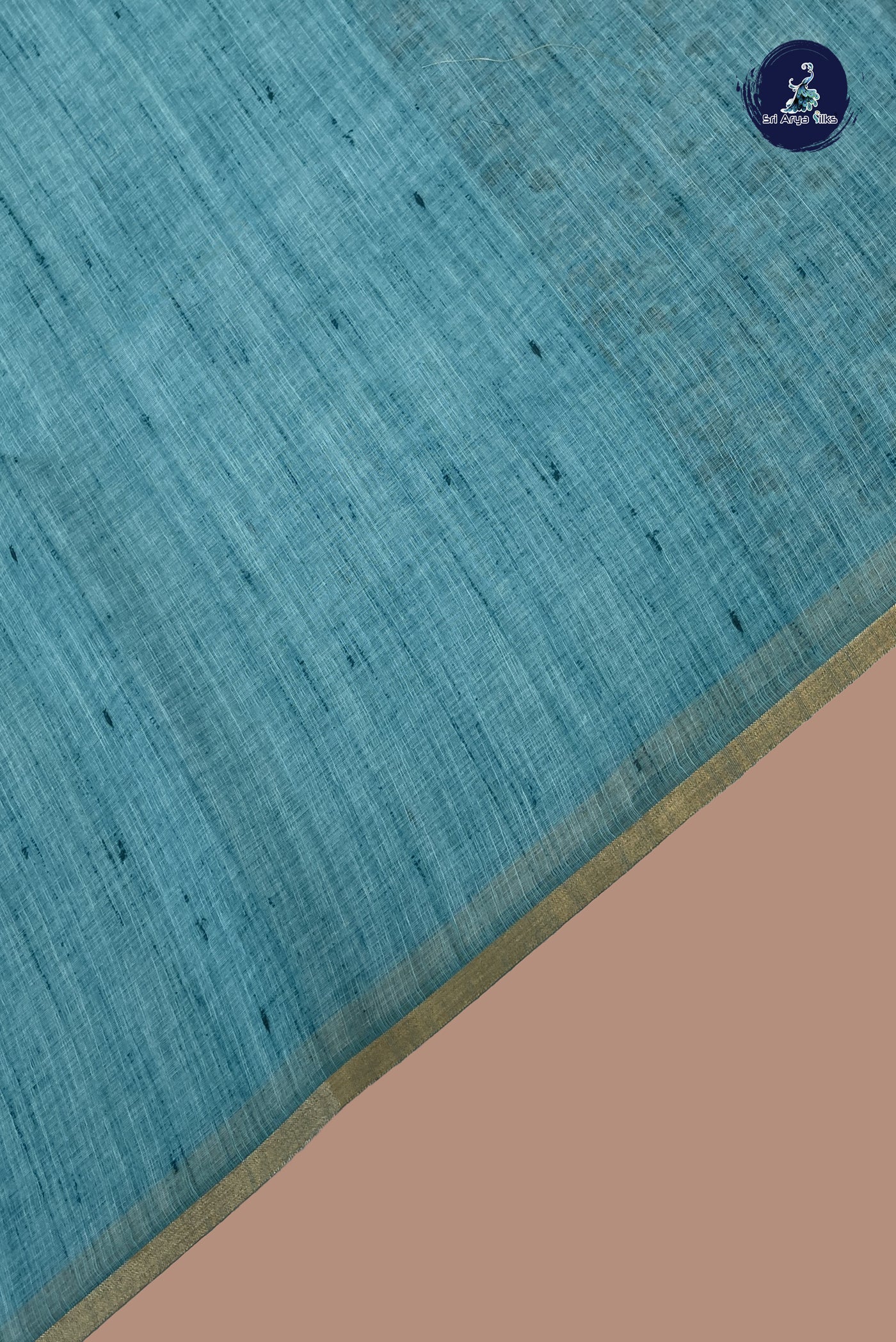 Turquoise Linen Saree With Madhubani Pattern