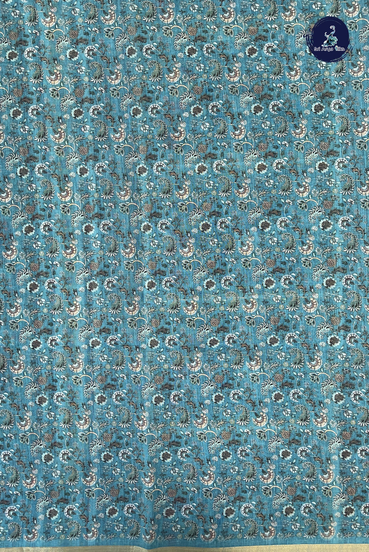 Turquoise Linen Saree With Madhubani Pattern