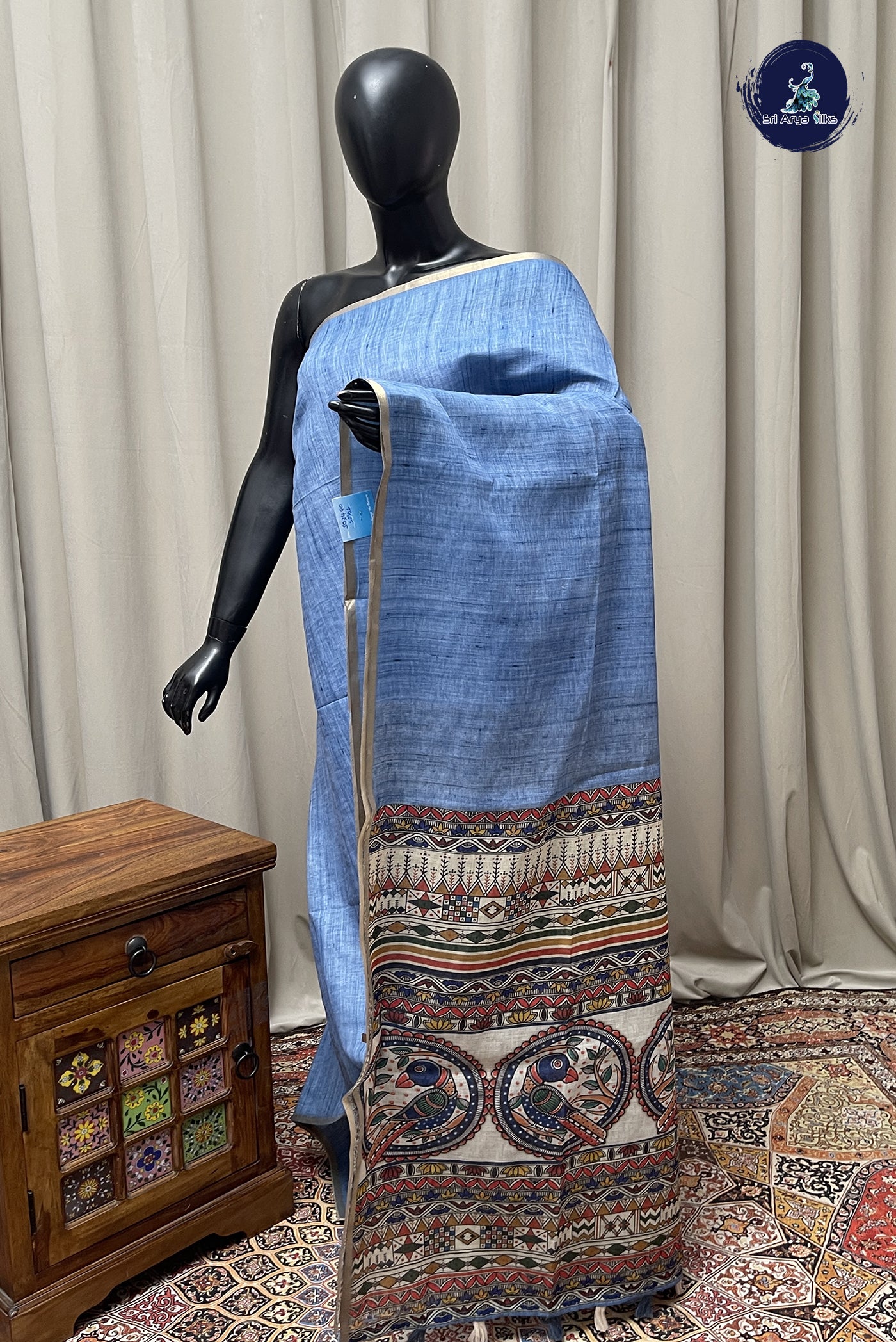 Blue Linen Saree With Madhubani Pattern