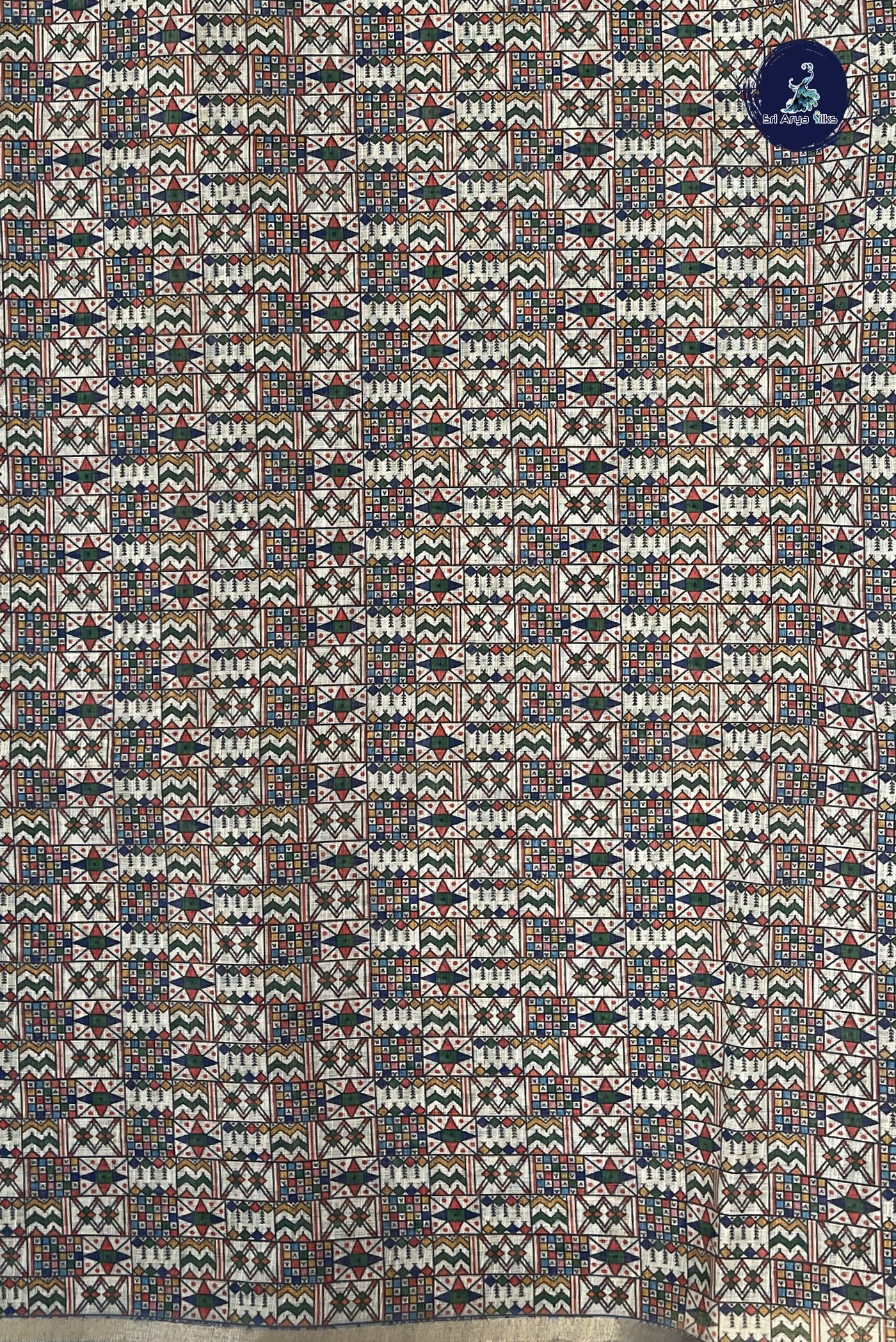 Blue Linen Saree With Madhubani Pattern