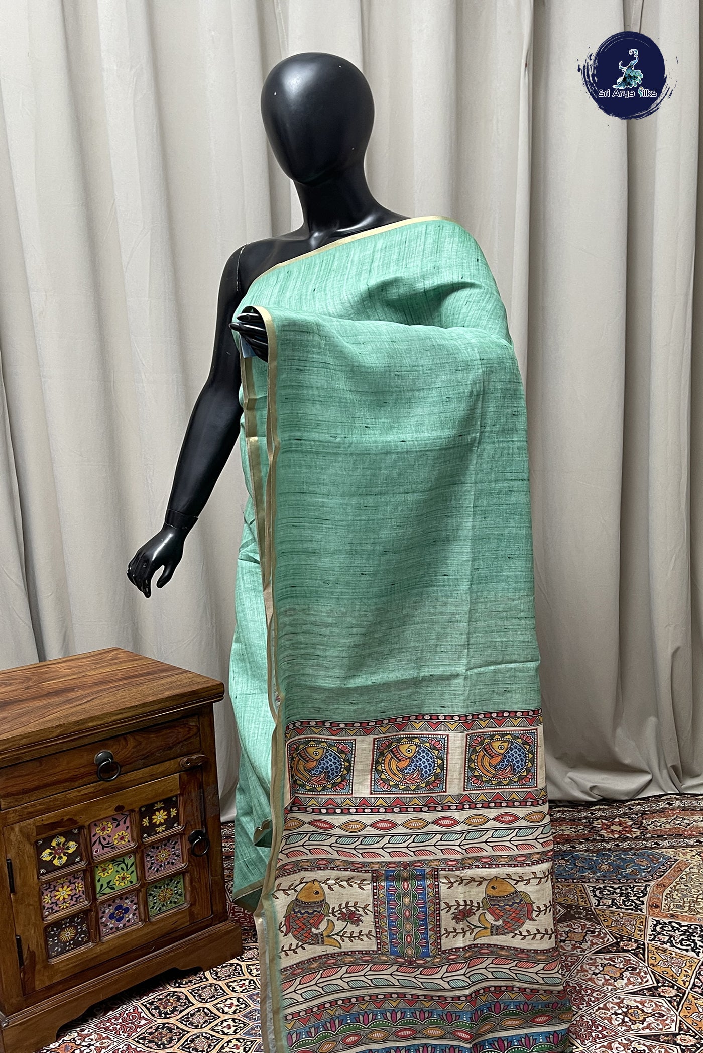 Green Linen Saree With Madhubani Pattern