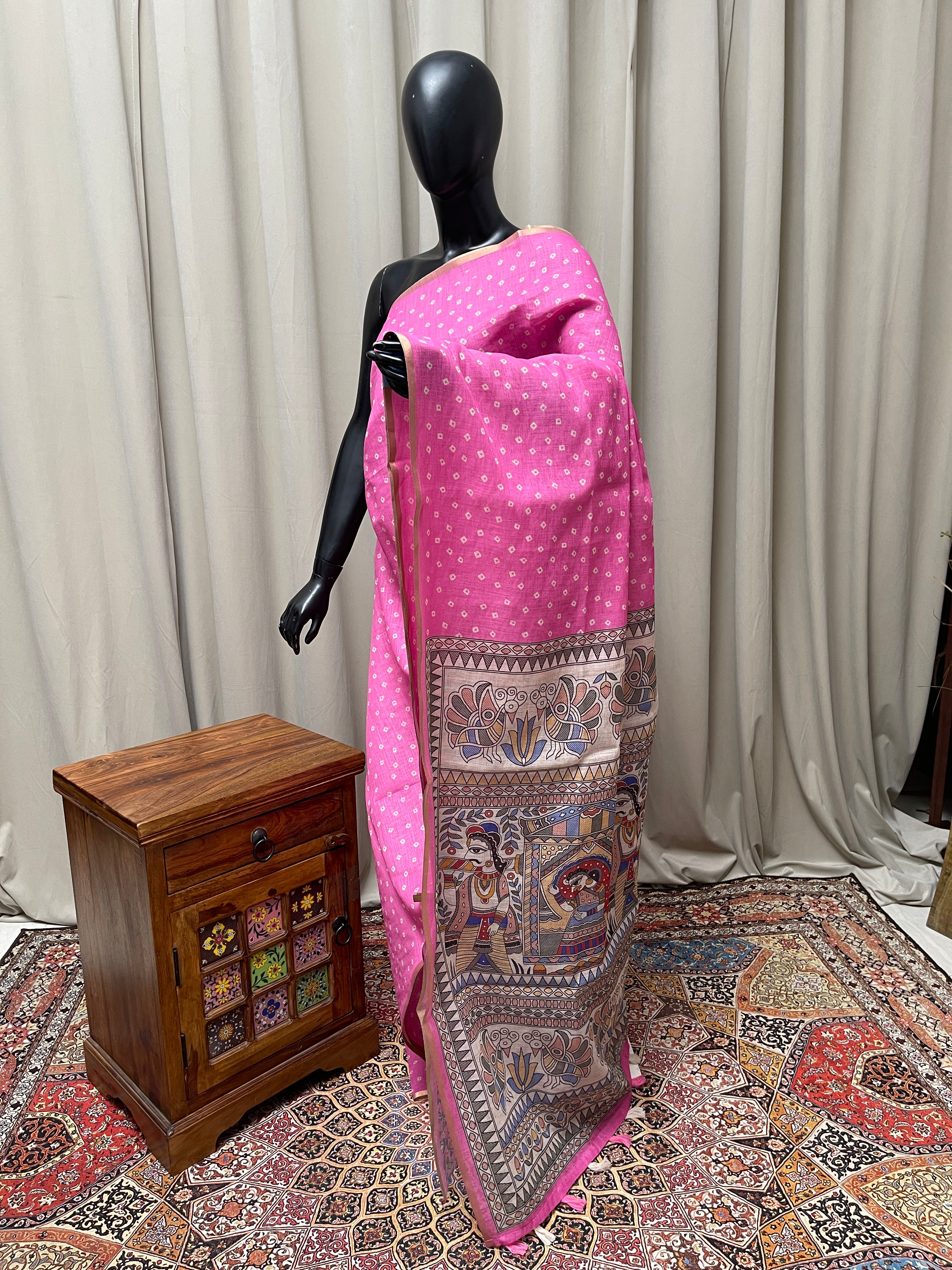 Light Pink Linen Saree With Madhubani Pattern