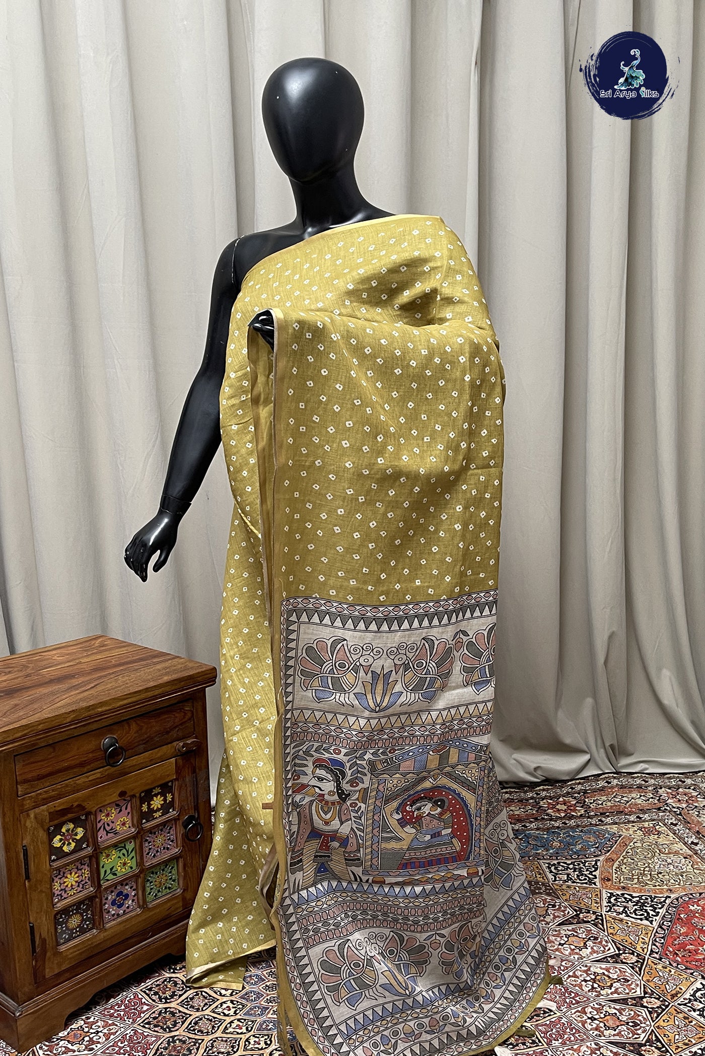 Mehendi Green Linen Saree With Madhubani Pattern