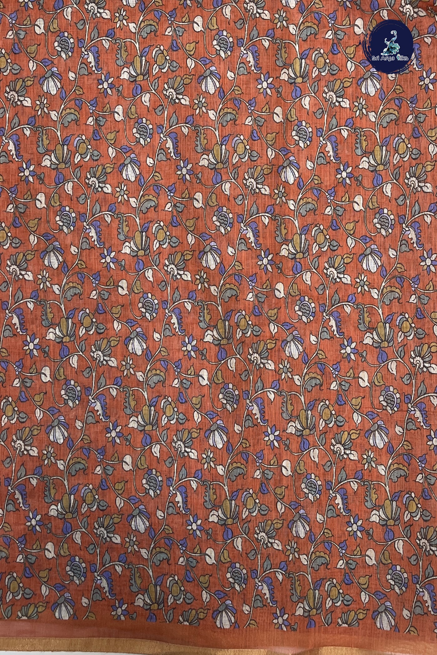 Rust Linen Saree With Madhubani Pattern