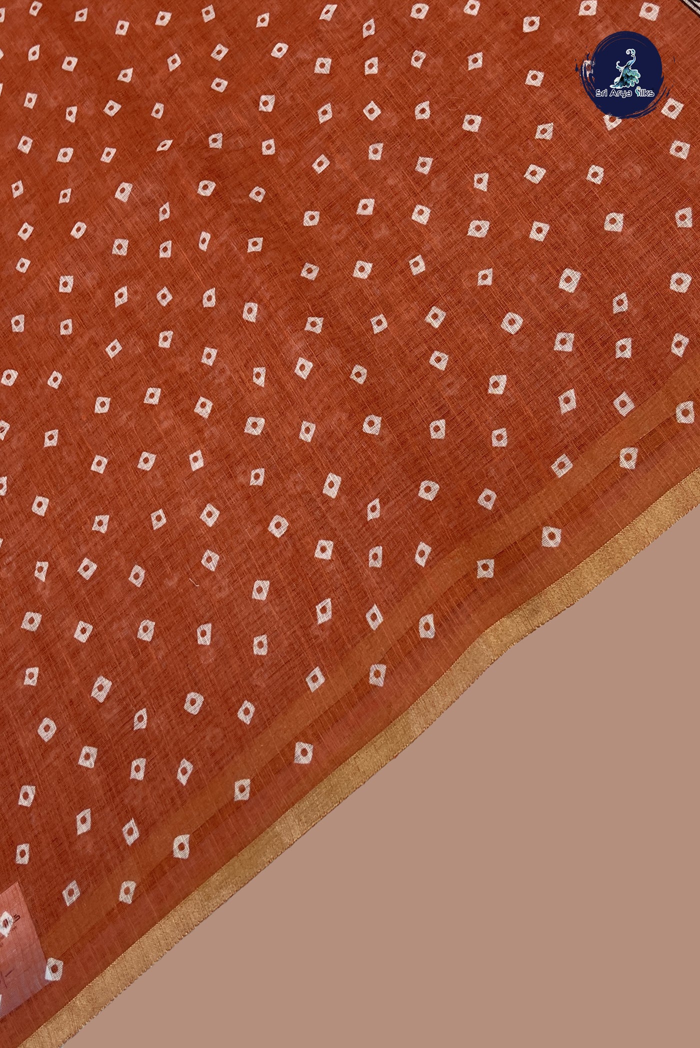 Rust Linen Saree With Madhubani Pattern
