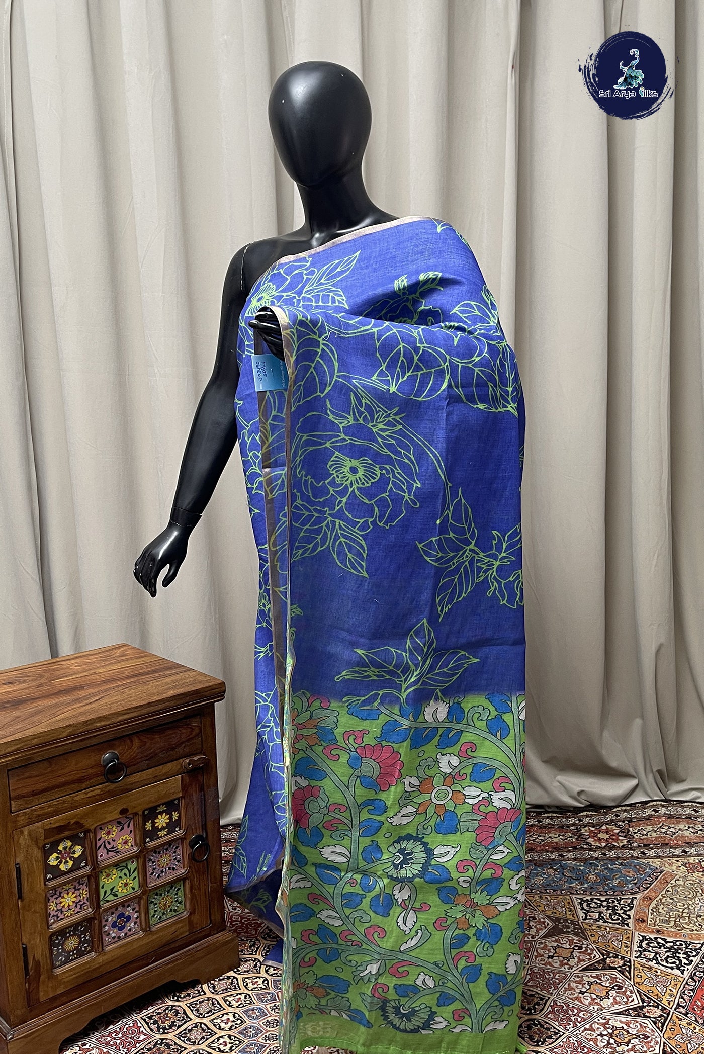 Blue Linen Saree With Madhubani Pattern