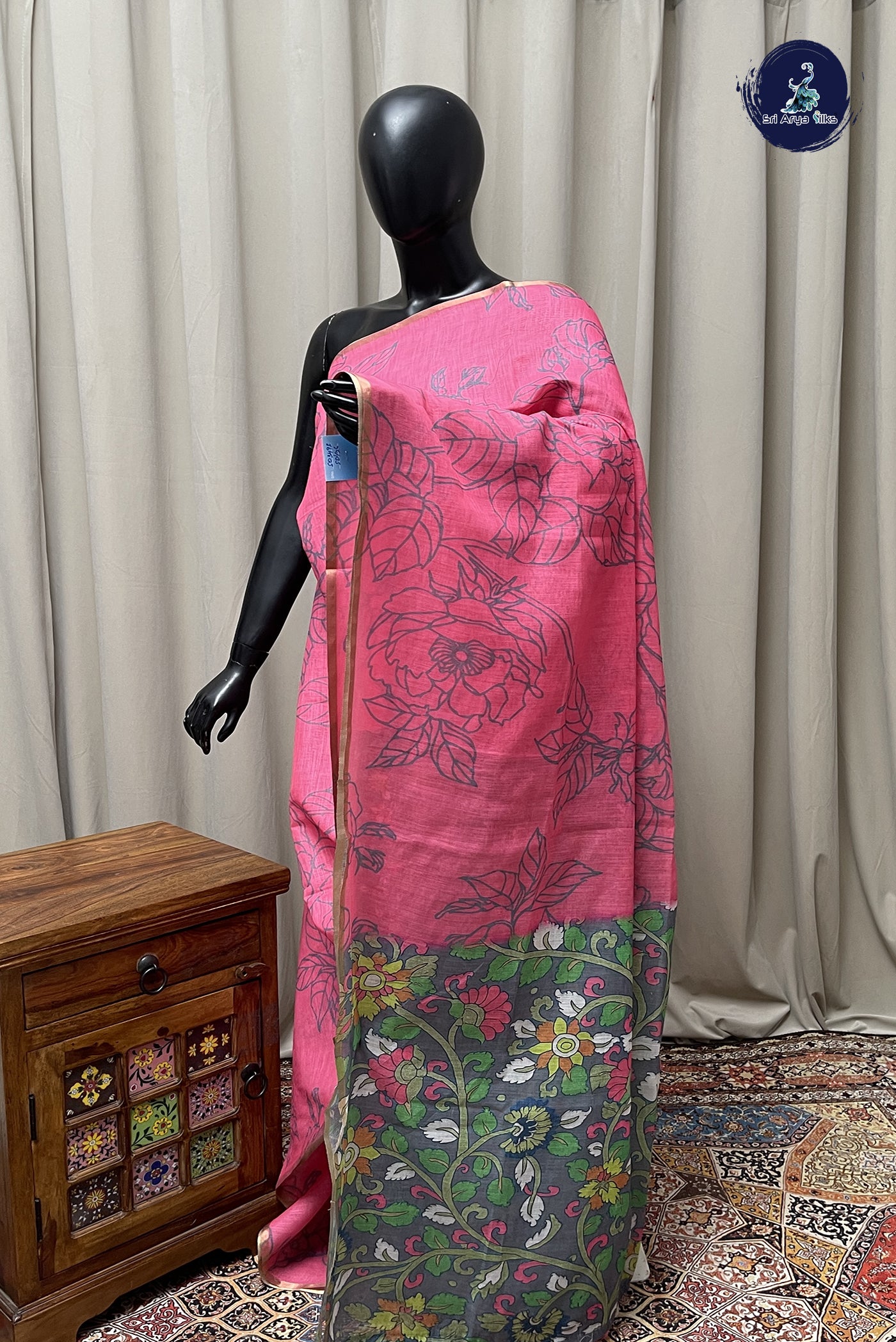 Candy Pink Linen Saree With Madhubani Pattern