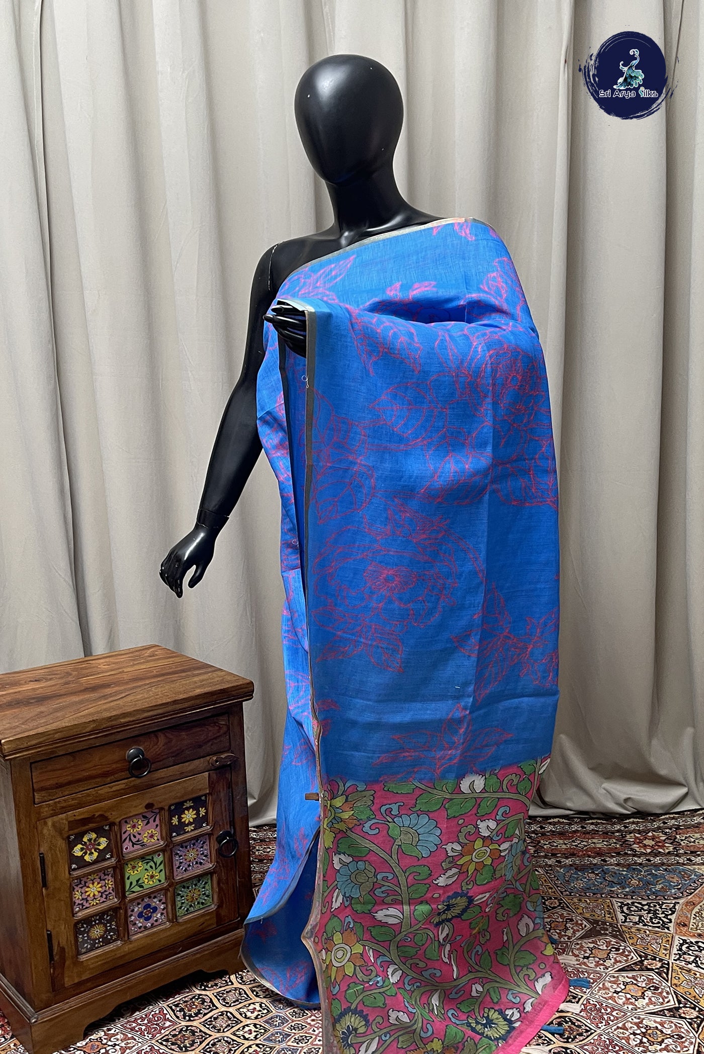 Copper Sulphate Blue Linen Saree With Madhubani Pattern