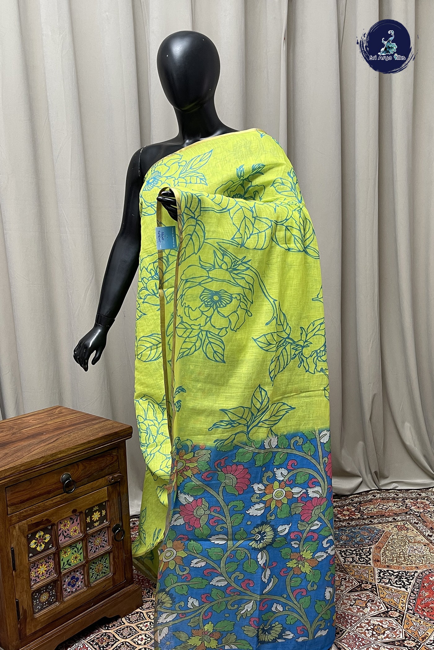 Yellowish Green Linen Saree With Madhubani Pattern