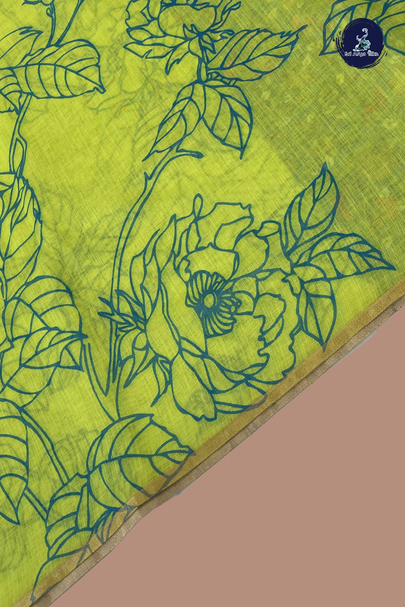 Yellowish Green Linen Saree With Madhubani Pattern