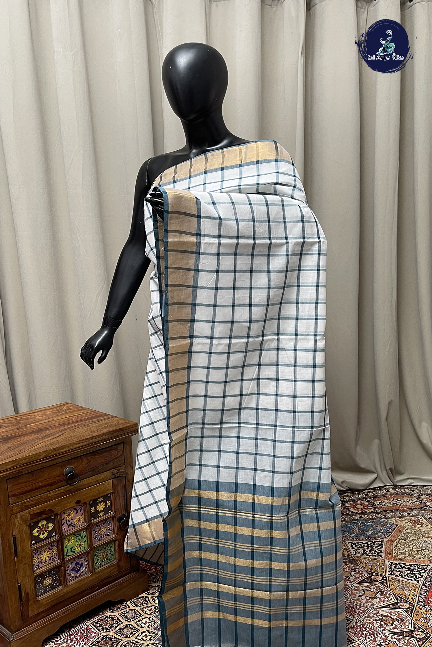 White Cotton Saree With Checked Pattern