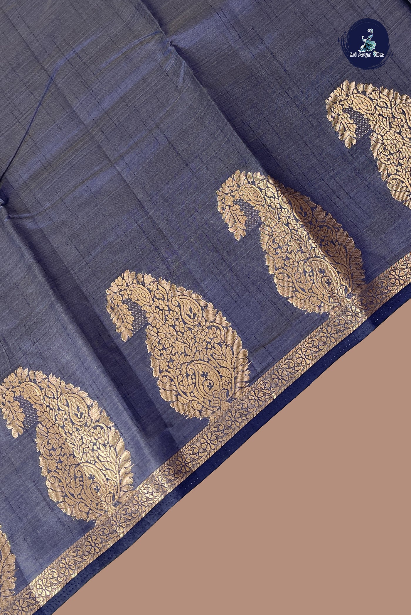 Dark Blue Semi Tussar Saree With Plain Pattern