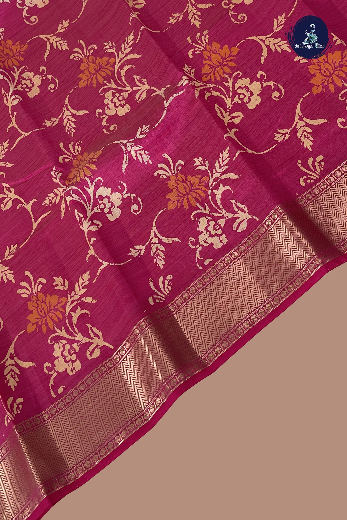 Dark Pink Semi Tussar Saree With Printed Pattern