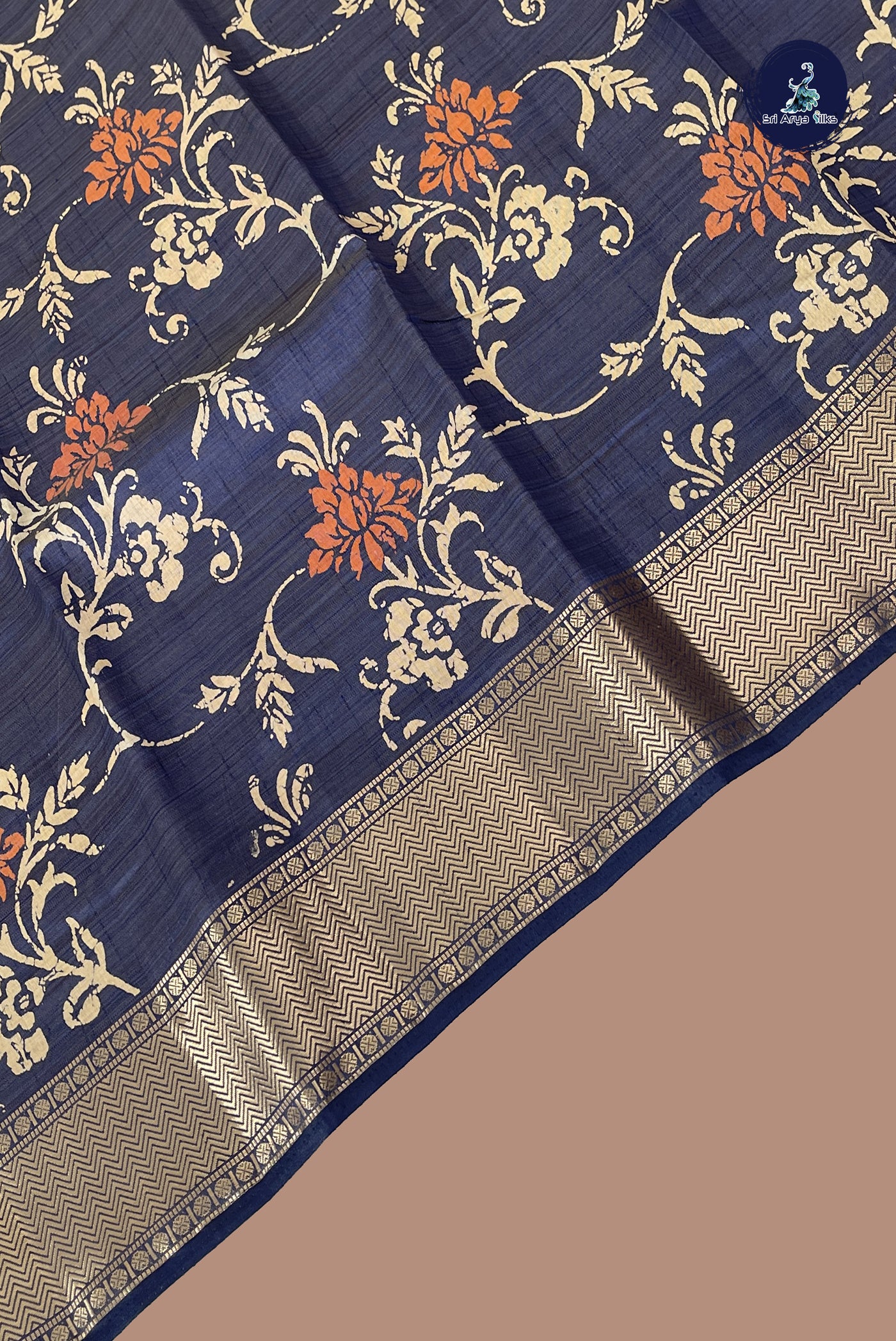 Dark Blue Semi Tussar Saree With Printed Pattern