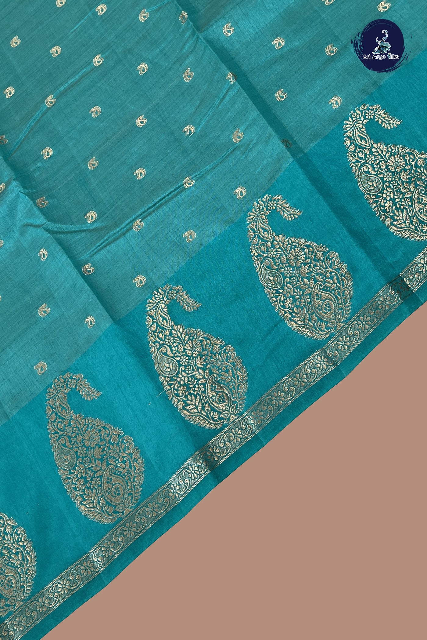 Teal Semi Tussar Saree With Zari Buttas Pattern