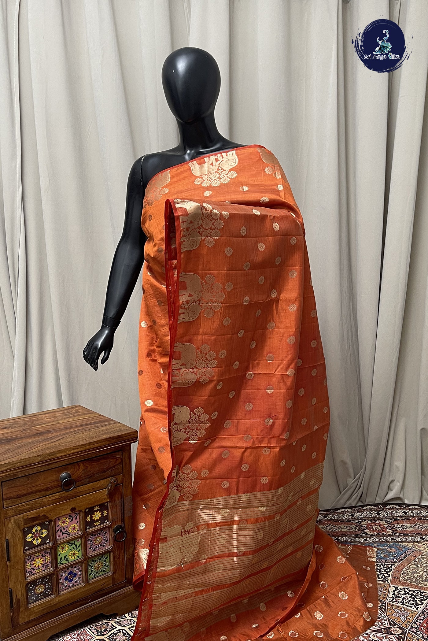 Orange Semi Tussar Saree With Zari Buttas Pattern