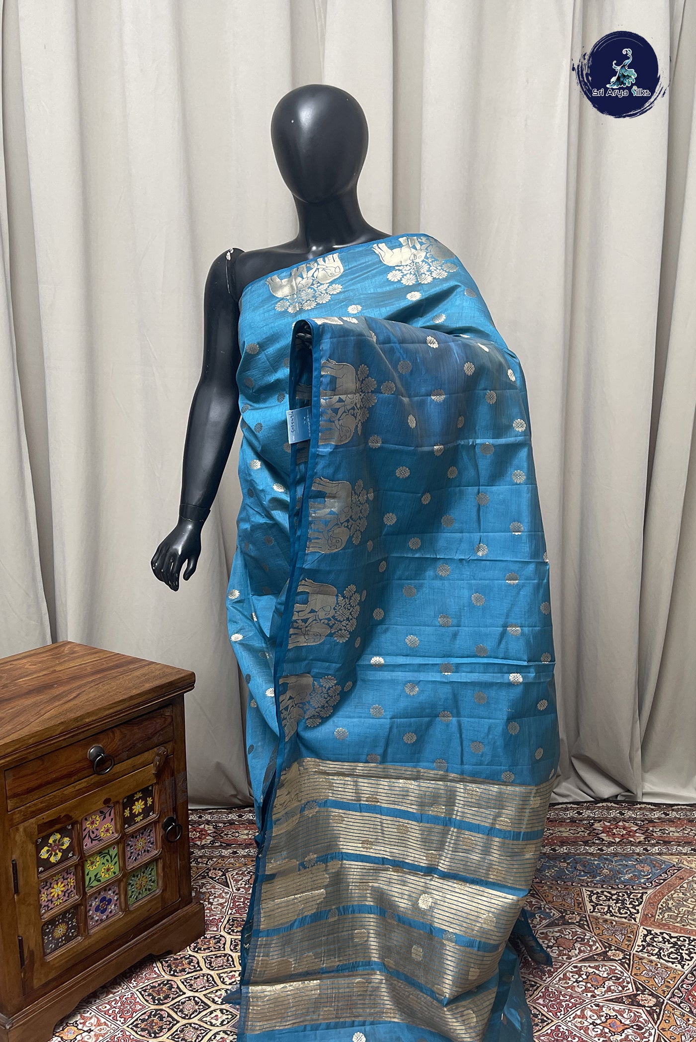 Teal Blue Semi Tussar Saree With Zari Buttas Pattern
